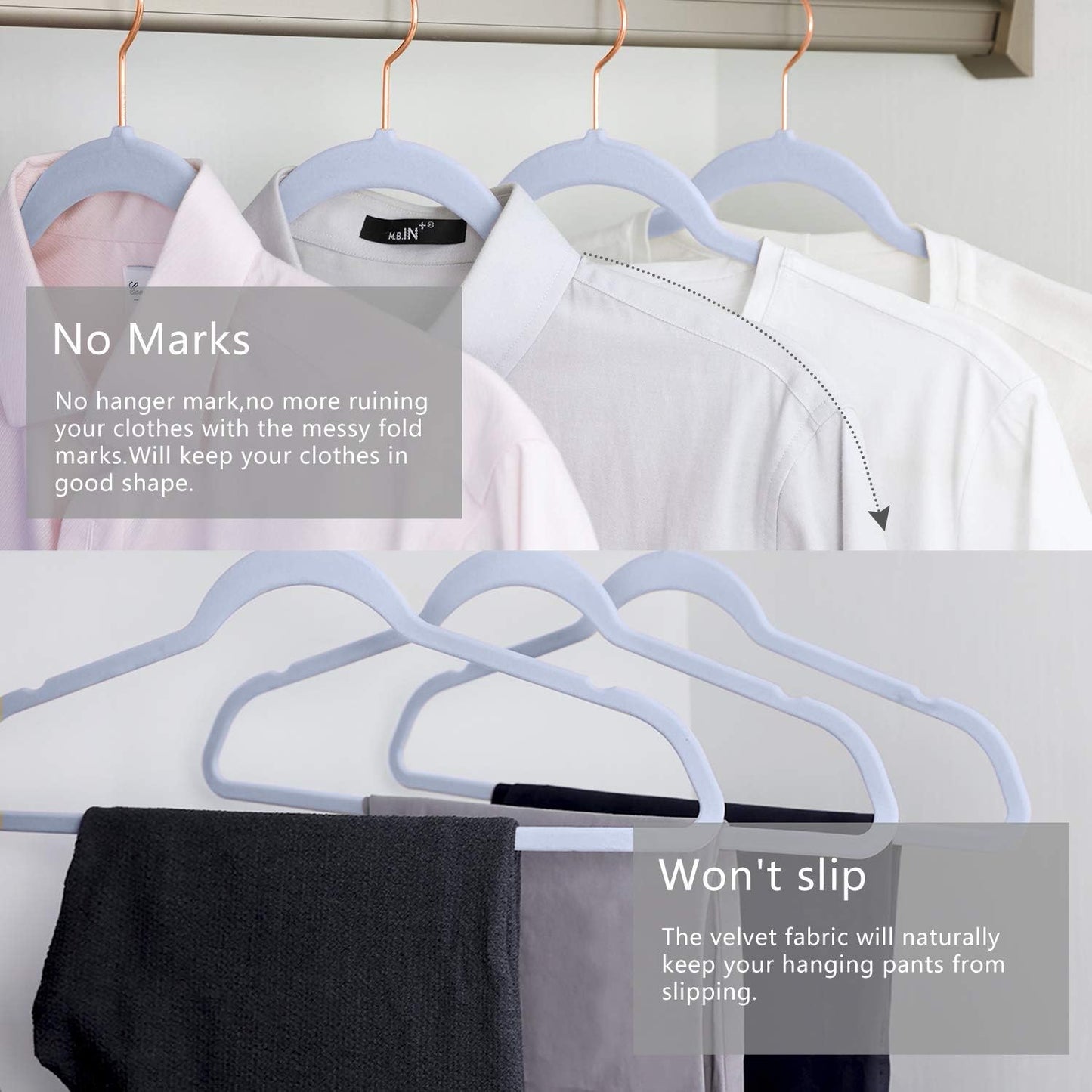 MIZGI Premium Velvet Hangers (50 Pack) Heavy Duty - Non Slip Felt Hangers - Velvet Suit Hanger Light Blue - Rose Gold Hooks,Space Saving Clothes Hanger