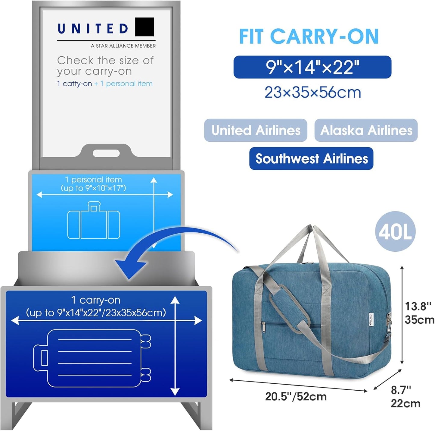 Carry on luaggage 22x14x9 Airlines Approved Foldable Carry on Bag Travel Duffel Packable Duffle Overnight for Women and Men 40L (Navy Blue)