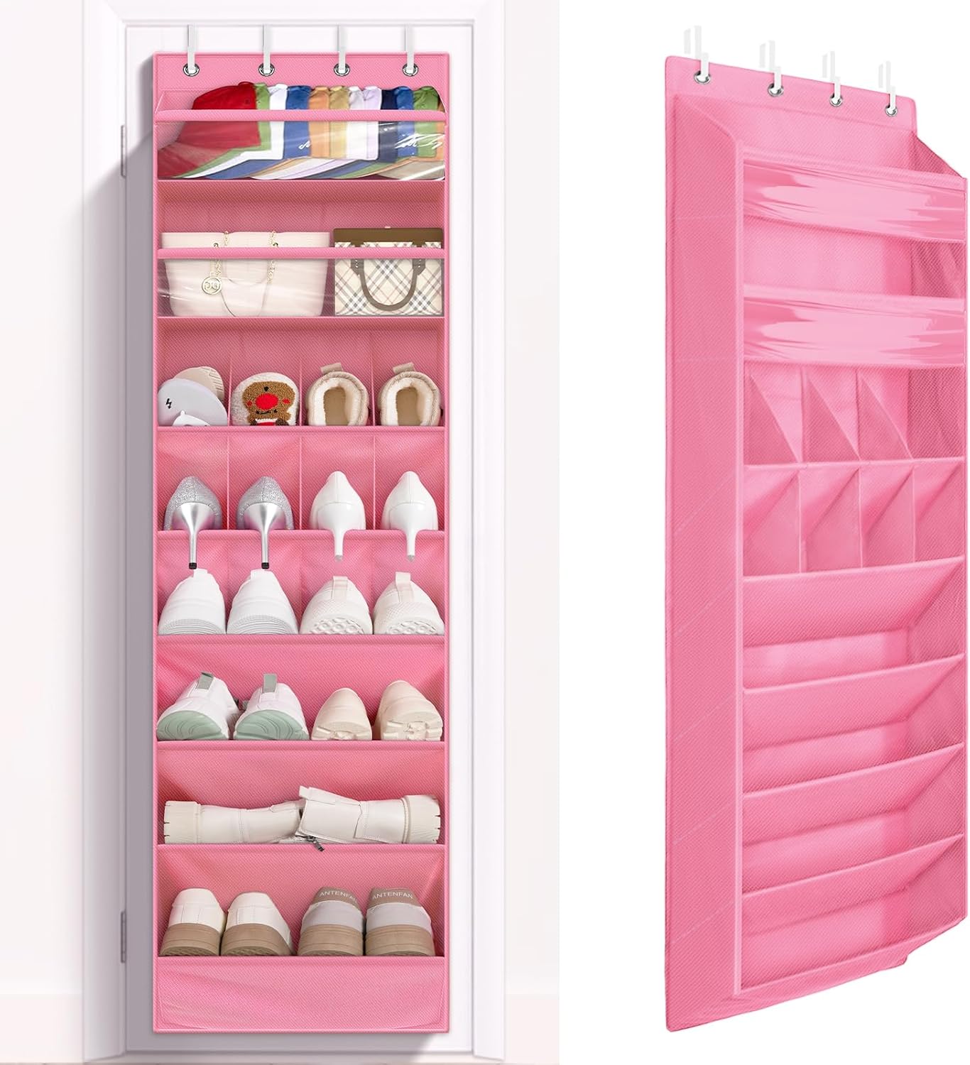 FENTEC 1 Pack 8 Shelves Over The Door Shoe Organizer,68" Exlarge Deep Pockets Hanging Shoe Organizers, Shoe Rack for Closet, Shoe Holder for Boots,Over Door Organizer in Home, RV, Dorm, Pink