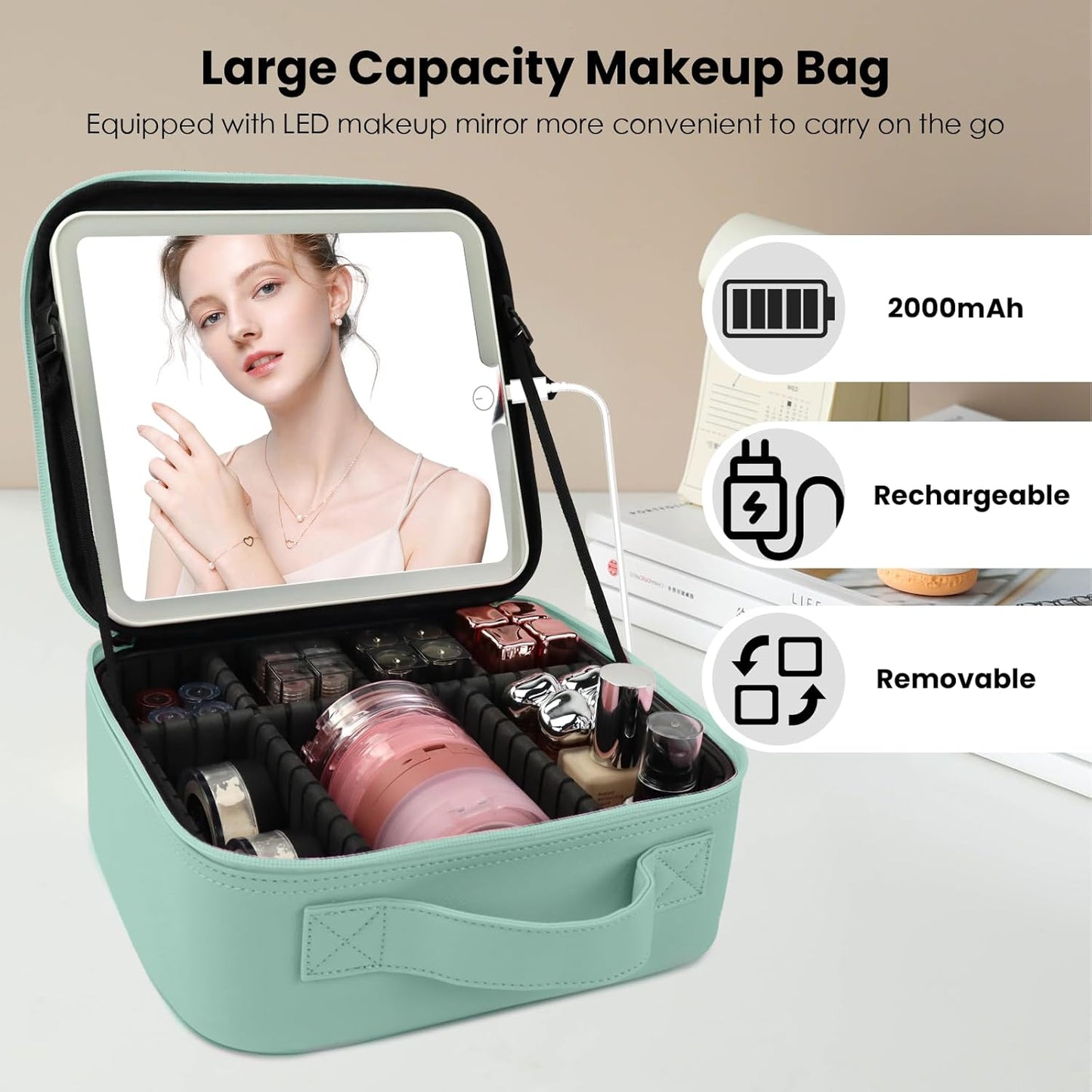 Travel Makeup Bag with LED Mirror and Light Makeup Travel Bag Organizer Portable Cosmetic Brush Organizer Bag with Adjustable Dividers for Cosmetics Makeup Brushes Toiletry (Light Green)