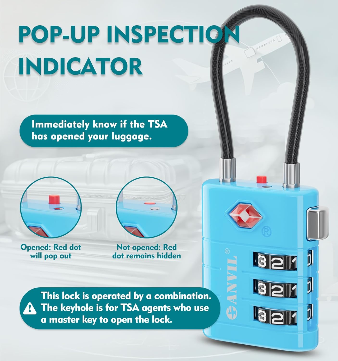 ANVIL TSA Approved Luggage Locks – High Security TSA008 Combination Travel Locks with Inspection Indicator for Suitcases and Backpacks. (2, Bule)