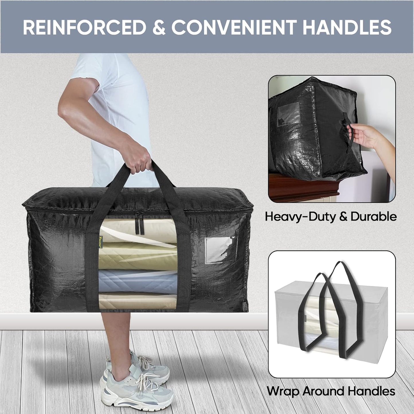 BALEINE 4-Pack Oversized Moving Bags with Reinforced Handles, Heavy-Duty Storage Tote Moving Supplies for Packaging, Camping (Black w/Window, 4-Pack)