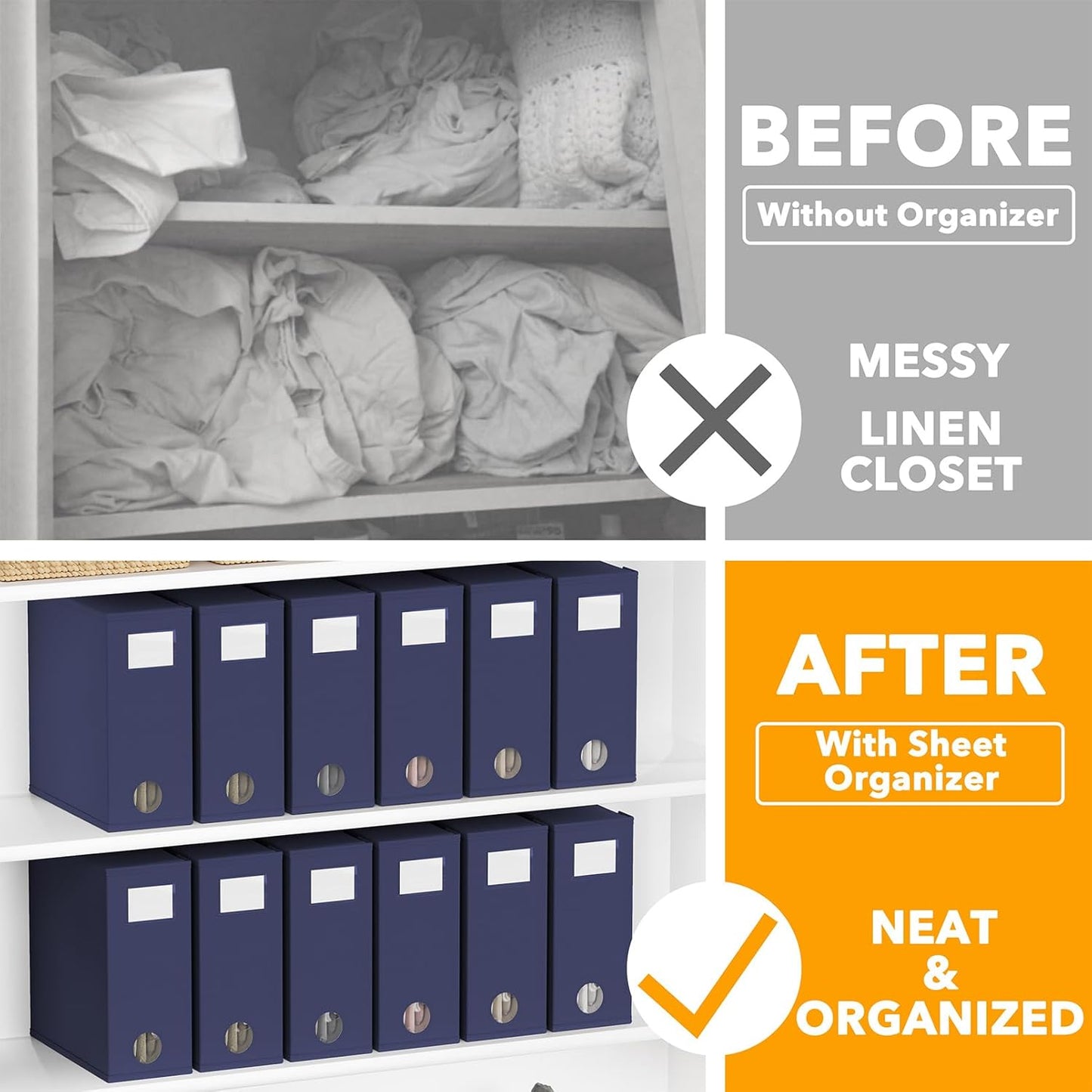 SpaceAid 12 Pack Bed Sheet Organizers and Storage, Foldable Linen Closet Organizer, Set Folder Keeper With Window XL (Queen & King Size) Bedding Container (Navy Blue)