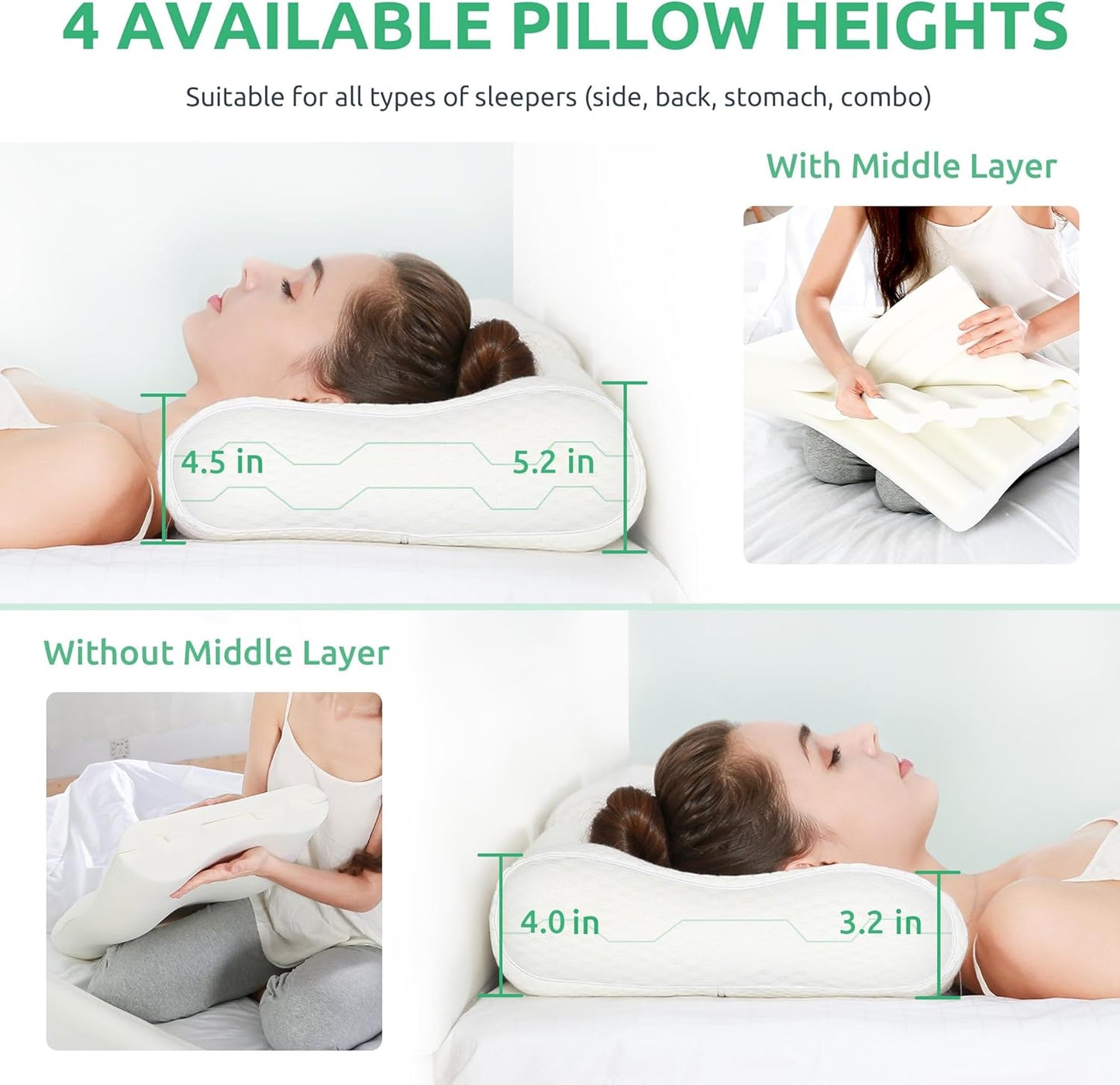 UTTU Cervical Pillow for Neck Strain Relief, Memory Foam Neck Pillow for Sleeping, Adjustable Orthopedic Sandwich Pillow, Contour Cooling for Side Back Stomach Sleeper, Travel(15.7"×11"×5.2"/4.5")