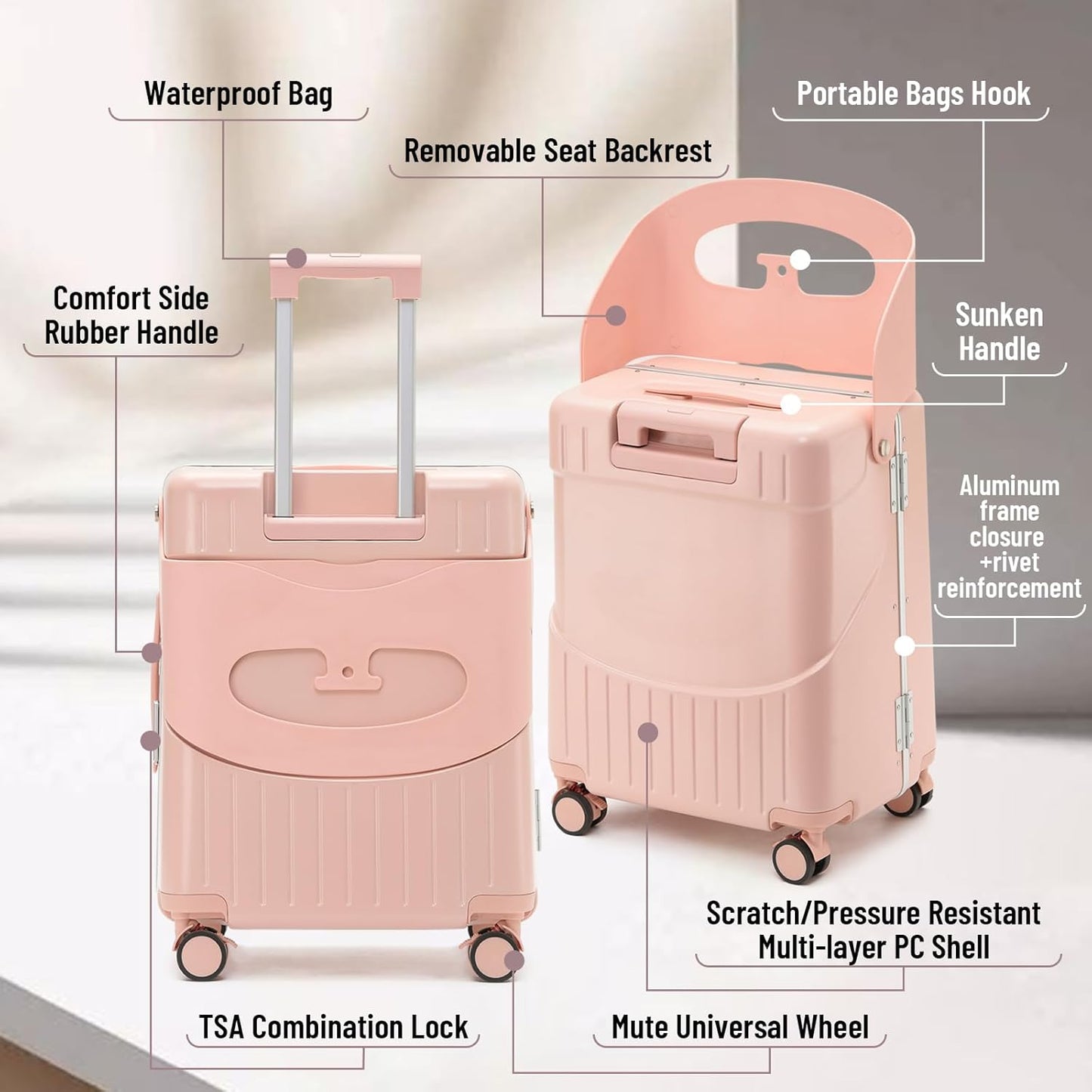 20 Inch Carry On TSA Lock Luggage for Kids& Adult,Lockable Spinner Wheels Free Luggage Cover and Safety Seatbelt Travel Suitcase (Carry-On TSA Luggage with Child Seat Pink)