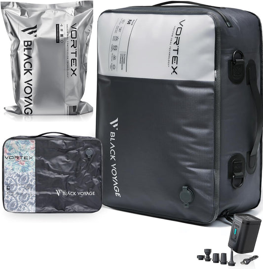 Black Voyage Reusable Vacuum Compression Travel Bag for Carry-On Suitcase and Backpack, Recycled IP67 Waterproof Space Saver Airback Vacpack (1-Pack, 21L - Pump Included)