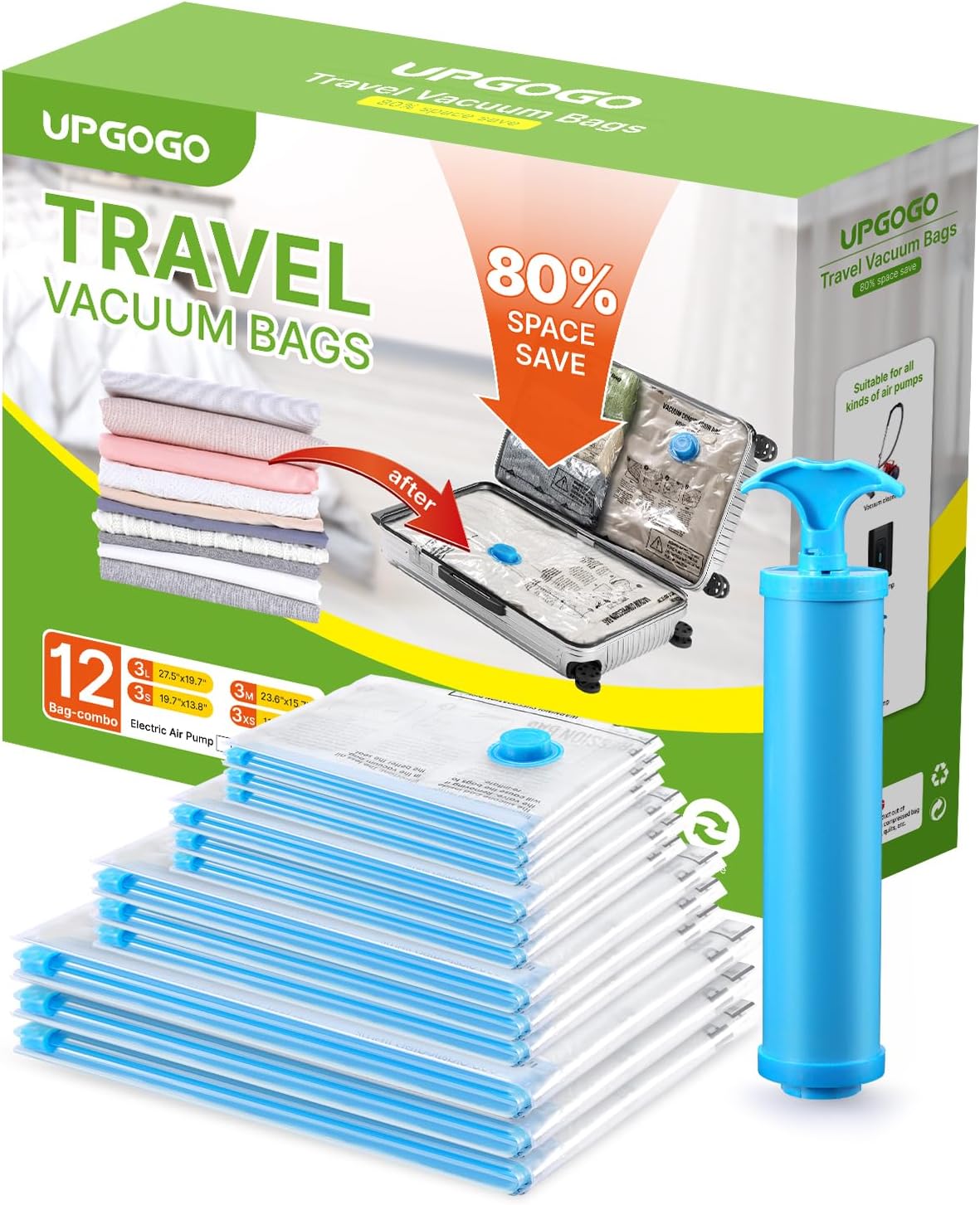 Vacuum Bags for Travel, 12 Pack with Hand Pump, Space Saver Vacuum Storage Bags, Travel Essentials, Clothes, Blankets, Pillows