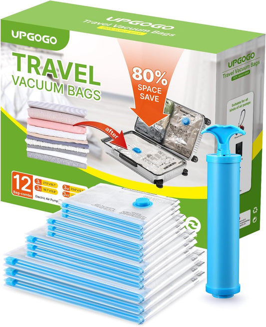 Vacuum Bags for Travel, 12 Pack with Hand Pump, Space Saver Vacuum Storage Bags, Travel Essentials, Clothes, Blankets, Pillows