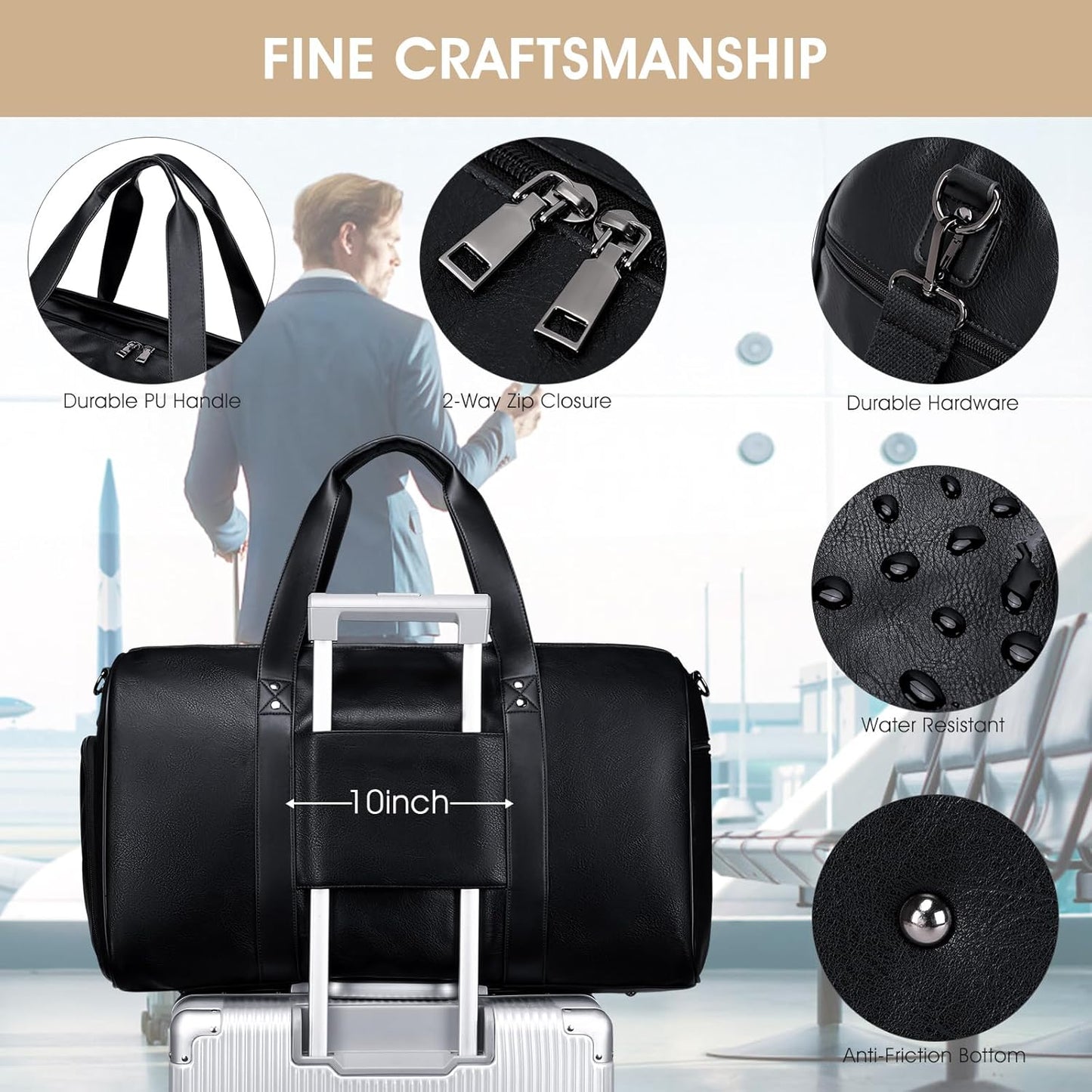 Wogarl 3PCS Leather Weekender Bag for Women Men Large Overnight Bag Travel Duffel Bag with Shoe Compartment Toiletry Packing Cube Carry On Bag Fit 21"" Laptop(Black), YT042