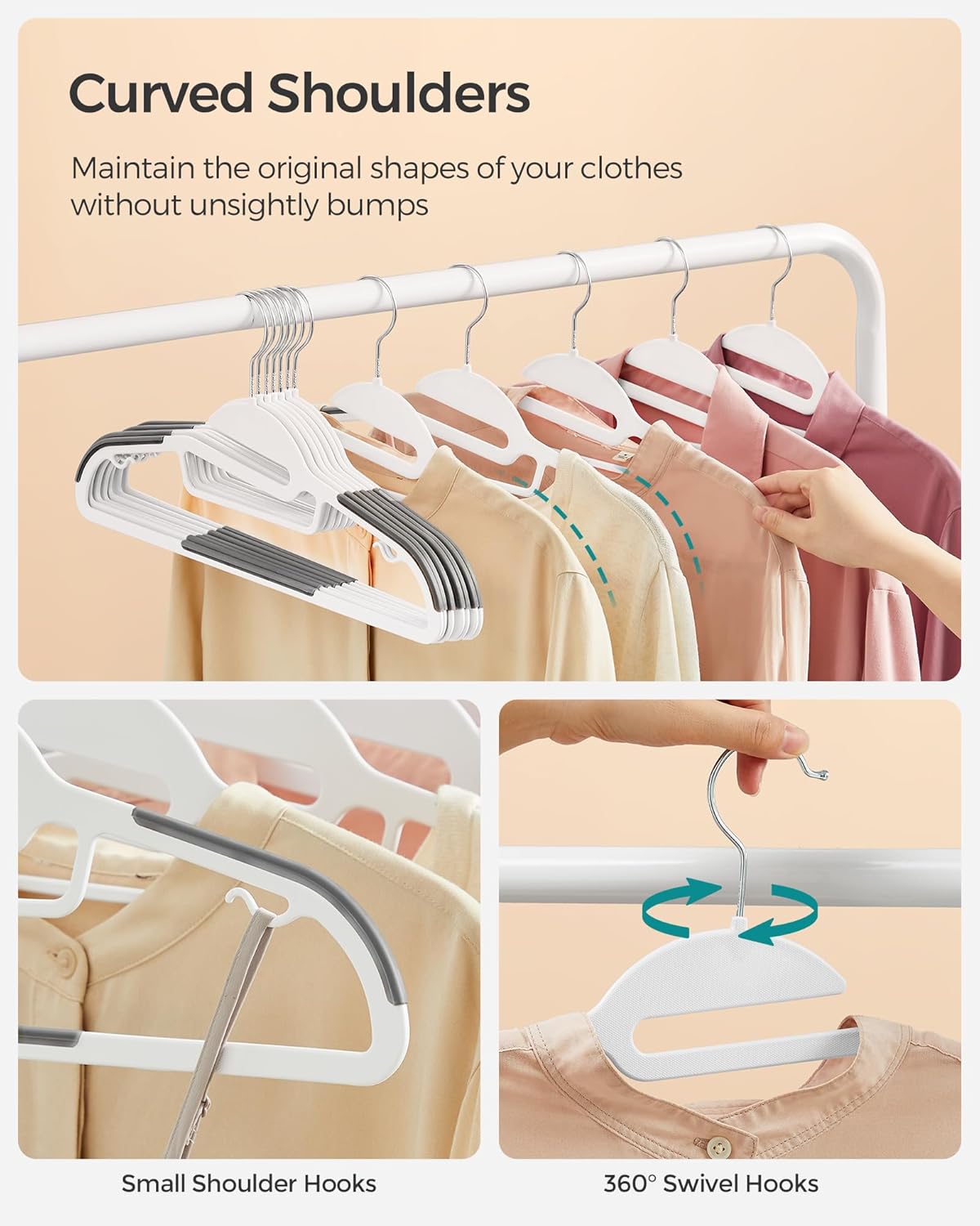 SONGMICS 50 Pack Coat Hangers, Heavy-Duty Plastic Suit Hangers, S-Shaped Opening, Space-Saving, 360º Swivel Hook, 16.3 Inches Wide, Cloud White and Dark Gray UCRP041WG03