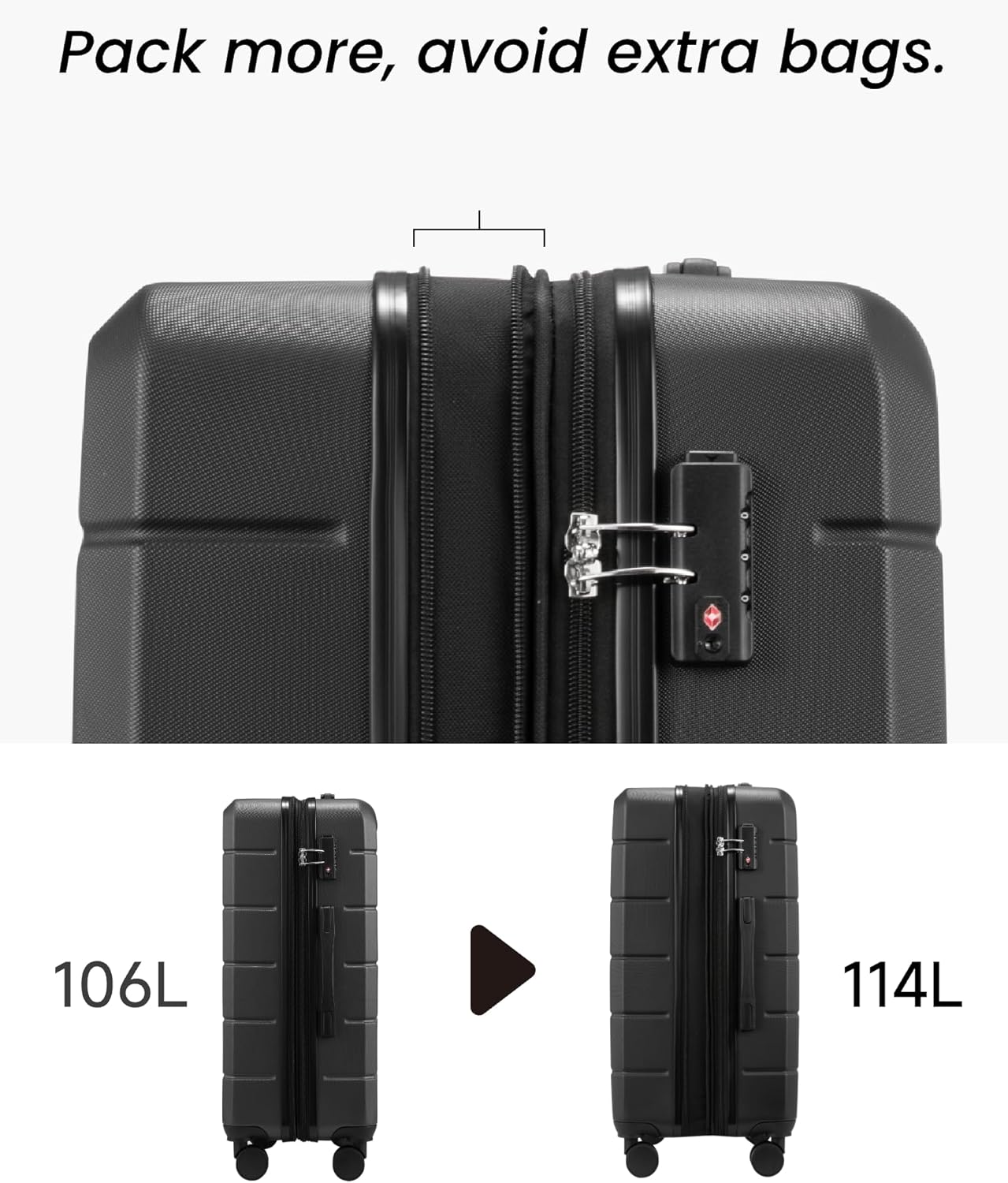 28 Inch Luggage, Expandable Hardside Large Checked Suitcases with Wheels, Black