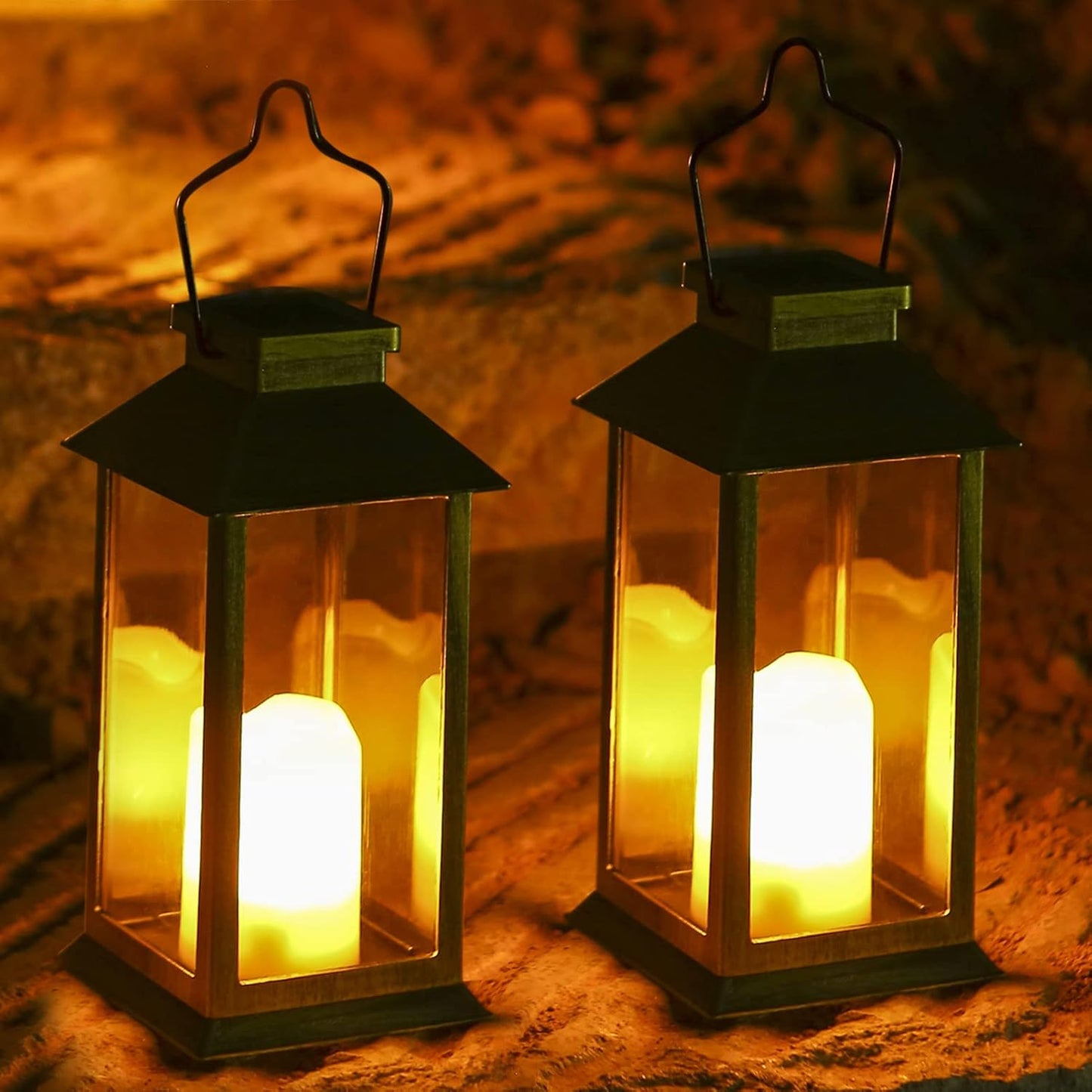 2 Pack Solar Lanterns, Outdoor Garden Hanging Lanterns, 11.8 Inch LED Flickering Flameless Candle Mission Lights for Yard, Table, Patio (Black)