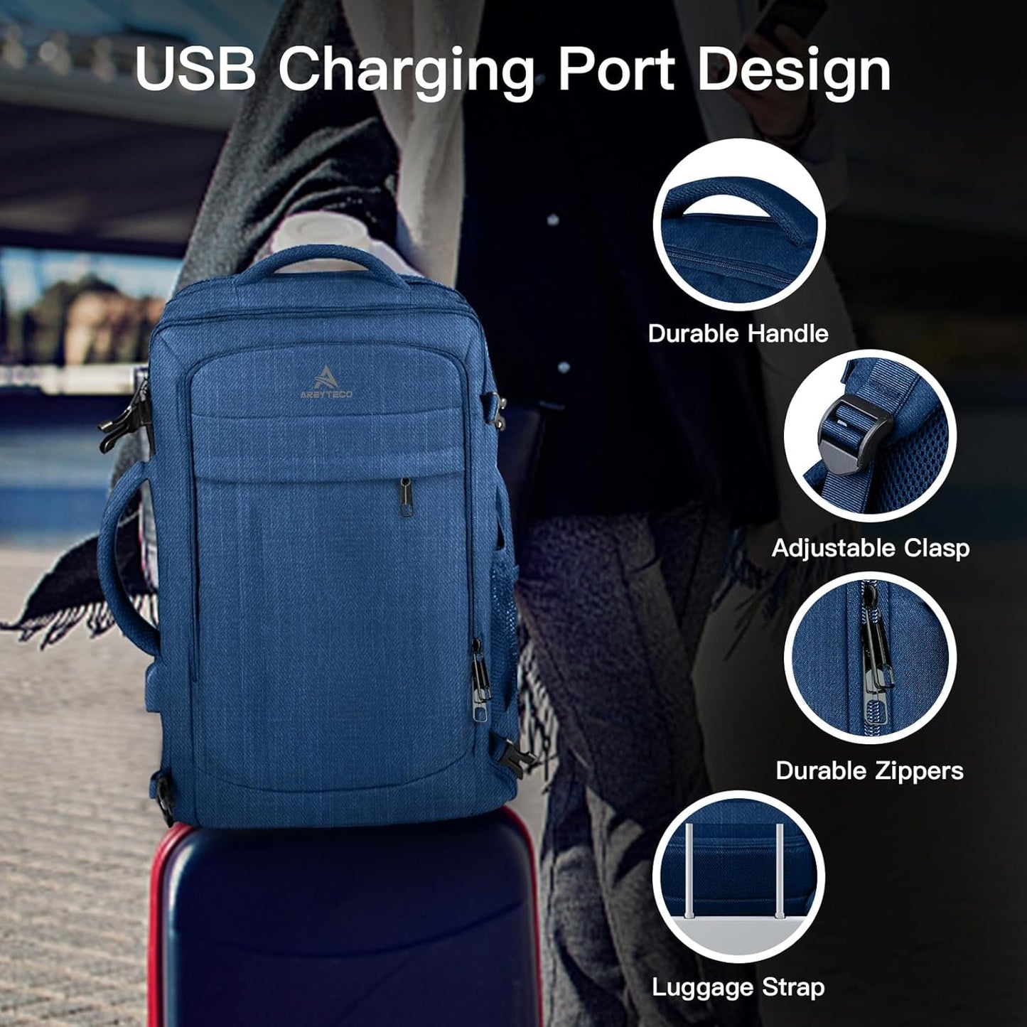 Large Travel Laptop Backpack for Men, 50L Carry On Backpack, Expandable Laptop Bag Water Resistant Overnight Weekender Gym Daypack Traveling Backpack, Traveler Gifts, Blue