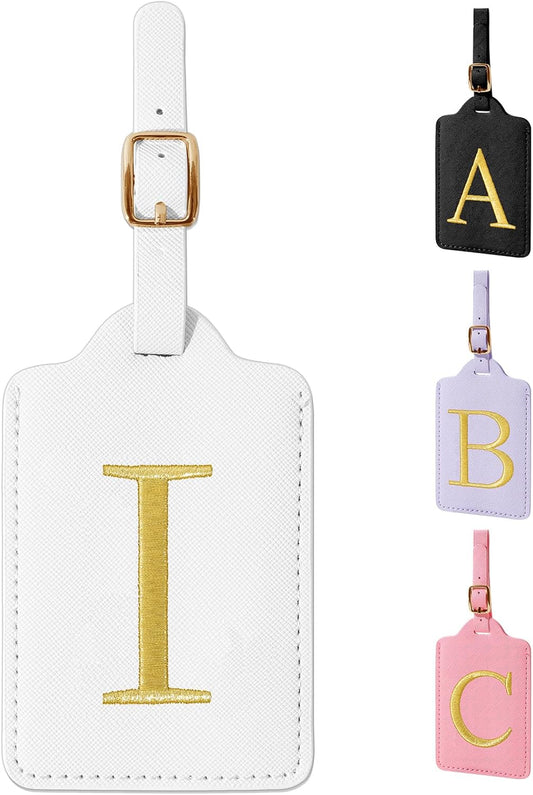Personalized Initial Luggage Tags for Suitcase TSA Approved, White Leather Cute Luggage Tag with Privacy Cover Name Card, Embroidered Custom Luggage Tags Travel Baggage Tags Gifts for Women Kids(I)