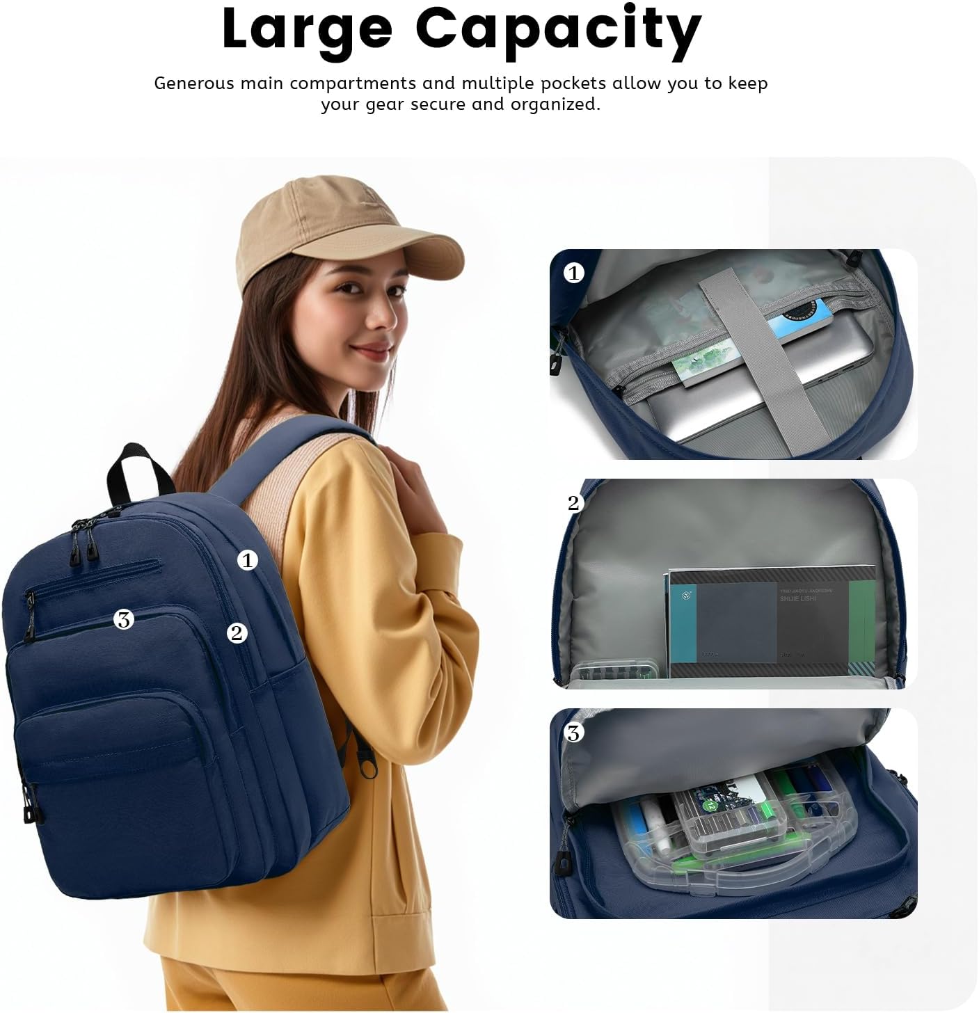 Lanola Basic Multi-Pocket Multipurpose Backpack Classical Water Resistant Bookbag For School Business Travel or Casual Daypack Backpacks - Dark Blue