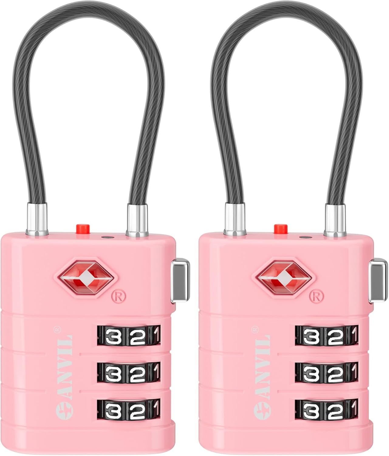 ANVIL TSA Approved Luggage Locks – High Security TSA008 Combination Travel Locks with Inspection Indicator for Suitcases and Backpacks. (2, Pink)