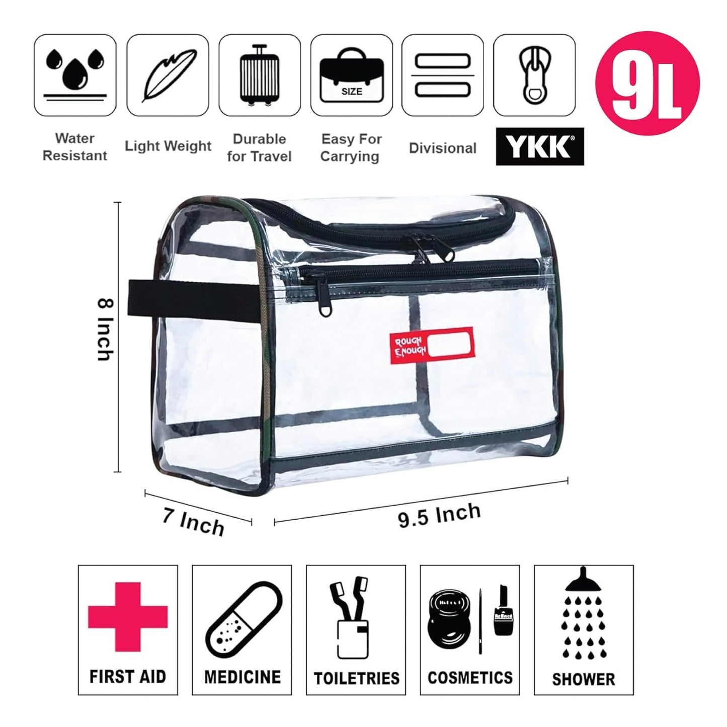 Rough Enough Clear Makeup Toiletry Bag Cosmetic Organizer Large Medicine Pouch with Zipper for Women Travel Accessories Essentials Pouch Toiletries Airport