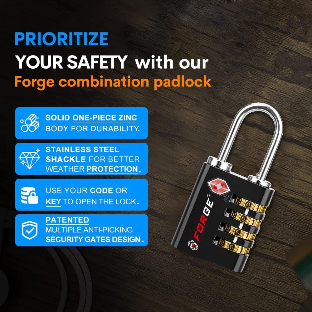 Forge Dual-Opening: Key or Combination Access Lock, TSA Approved Locks for Luggage, Pelican case, Travel, Gym, School, Stainless Steel Shackle. (Multi Color, 4 Pk)
