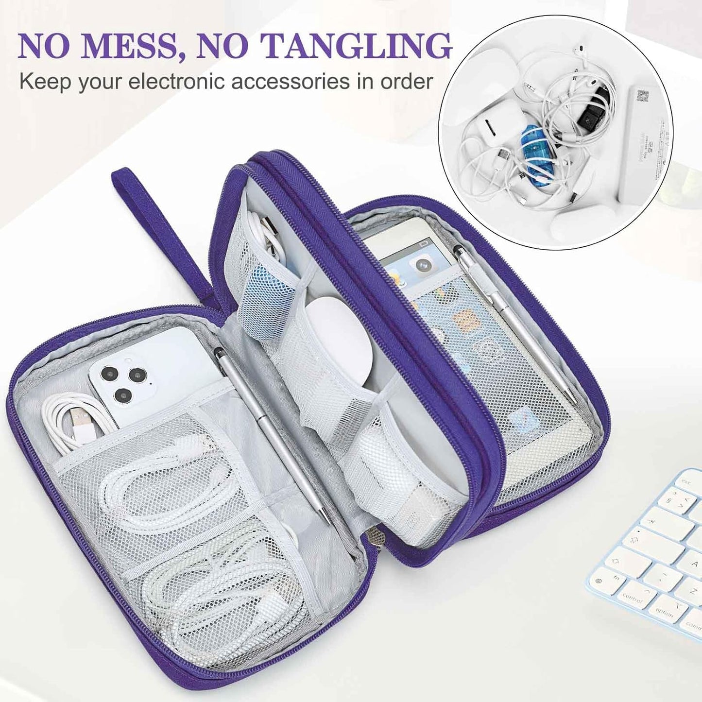 FYY Electronic Organizer, Large Travel Cable Organizer Bag Pouch Electronic Accessories Carry Case Portable Waterproof Double Layers All-in-One Storage Bag for Cable, Cord, Charger, Purple