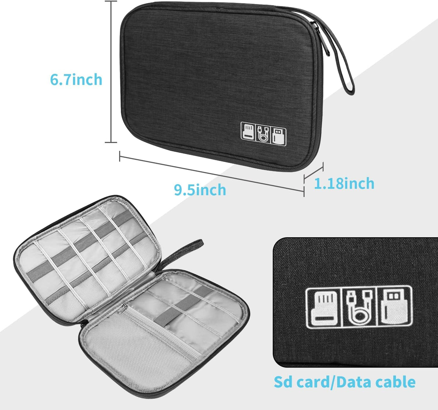 Electronics Organizer Travel Case,Electronic Accessories Storage Bag,Portable Waterproof Cable Organizer Bag,Travel Cord Organizer Bag for Small Charging Cord Storage,Cables,SD Card (Black)