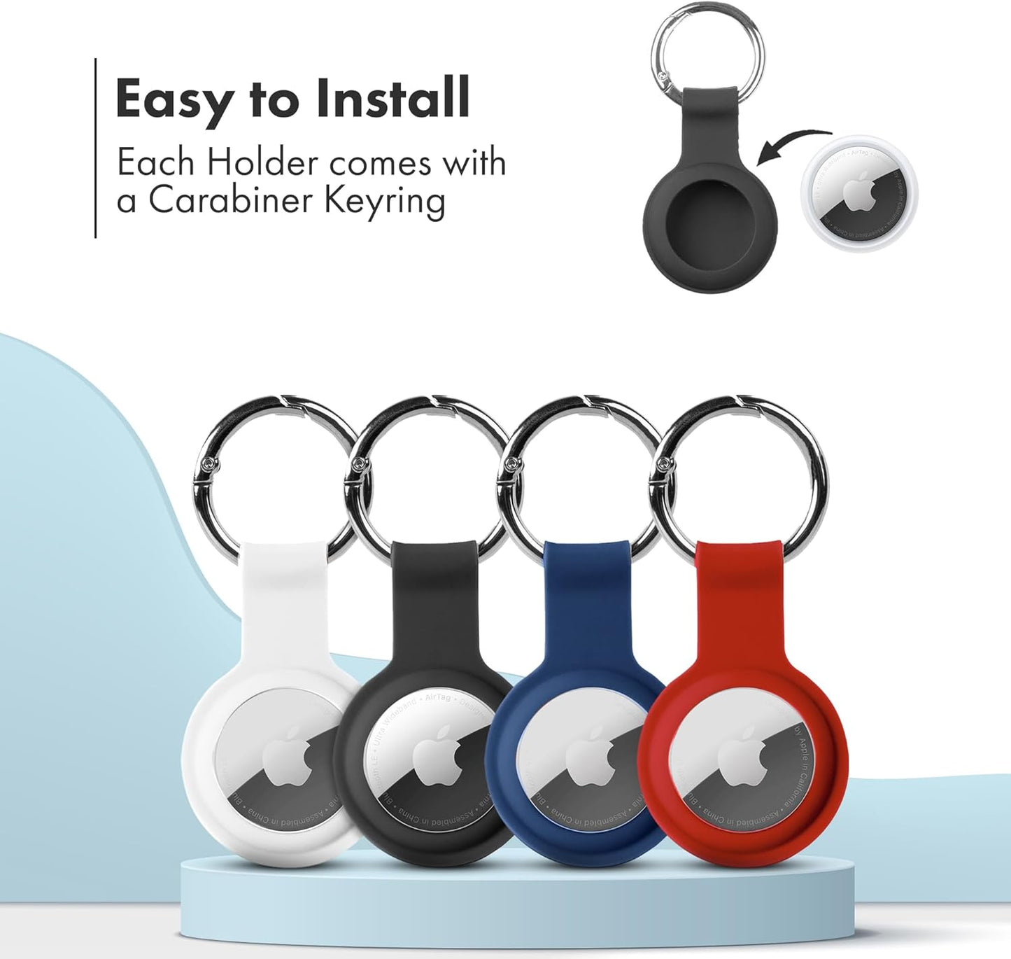 Apple AirTag 4 Pack Shockproof, Dustproof & Washable Cases, Silicon Holders with Accessories for Wallets, Luggage, Pet Collars, Key Finders (White - Black - Blue - Red)