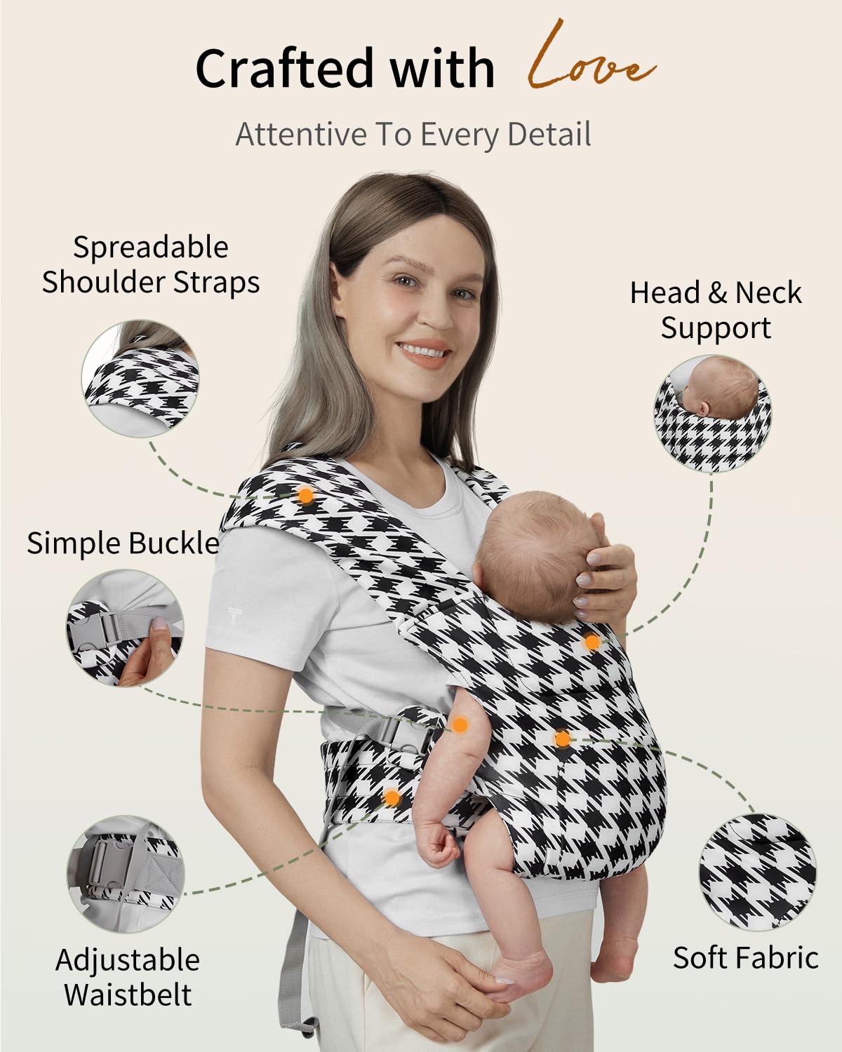 Newborn Carrier, Cozy Baby Carrier, Ergonomic Cross-Back Wrap, Hands-Free with Supportive Comfort, Tweed Black & White