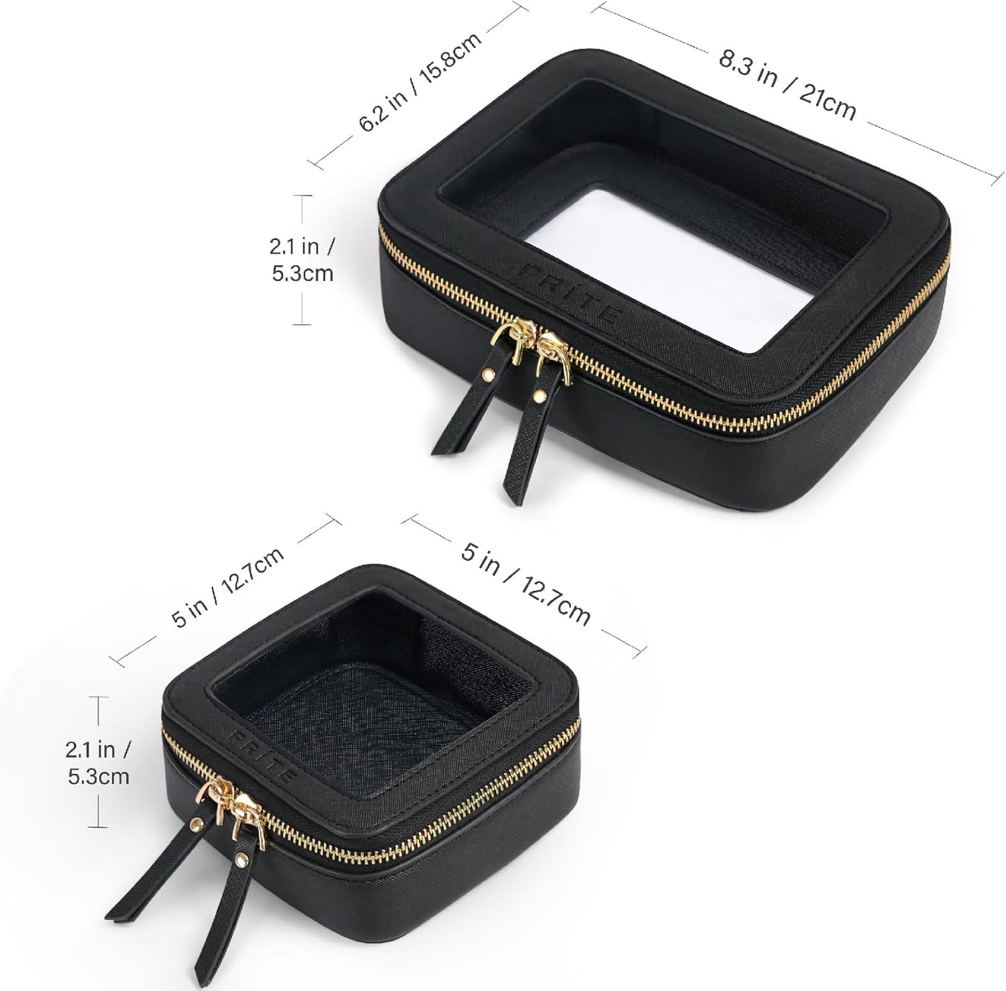 Prite Clear Makeup Bag Set for Women Portable Clear Makeup Bag Cute Waterproof Travel Cosmetic Bag with Gold Zipper for Car Essentials(Black)