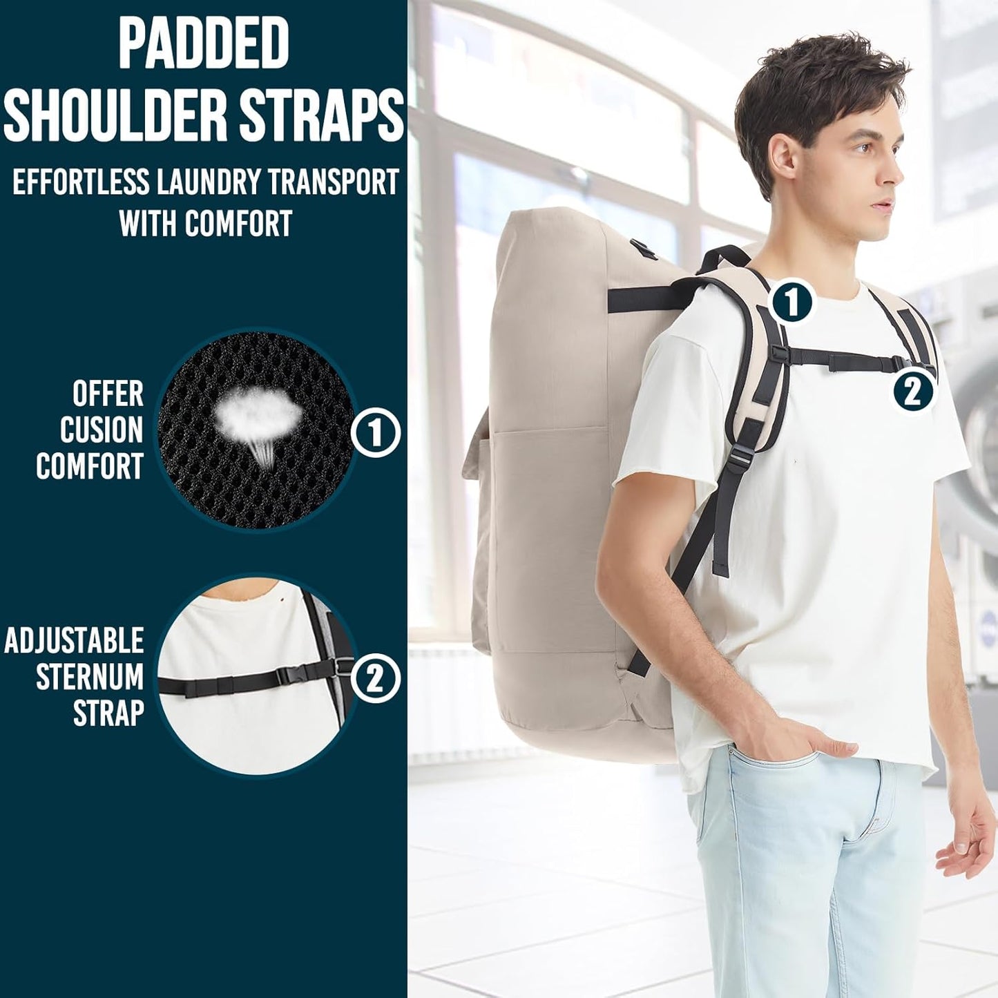 Laundry Bag With 4 Pockets，Laundry Bag With Shoulder Straps，Sturdy Laundry Backpack Heavy Duty，Large Clothes Hamper Bags 115L，College Laundromat Backpack For Dorm Room，Travel Laundry Bags XXL