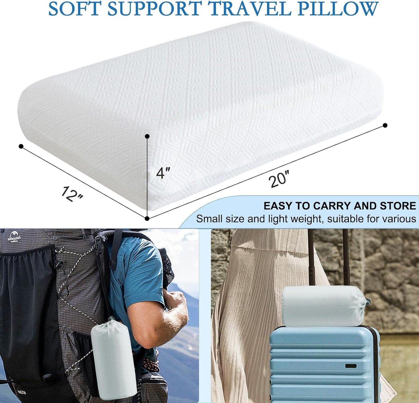 YOUR MOON Memory Foam Travel Pillow, Pure Cotton Cover, Compressible Camping Pillow for Sleeping, Portable Backpacking Support Pillows for Hiking, Car & Airplane (White)