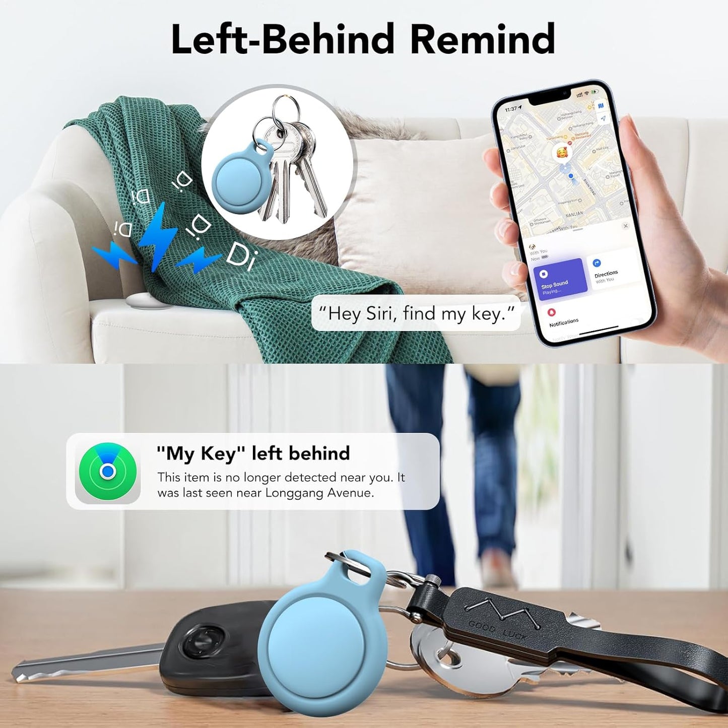 Air Tags Tracker 2-Pack, Item Finders Work for Apple Find My APP(iOS Only) Tracker Tags for Keys, Luggage, Backpack etc,Replaceable Battery, IP67 Waterproof with Holder Keychain,Sky Blue and Green