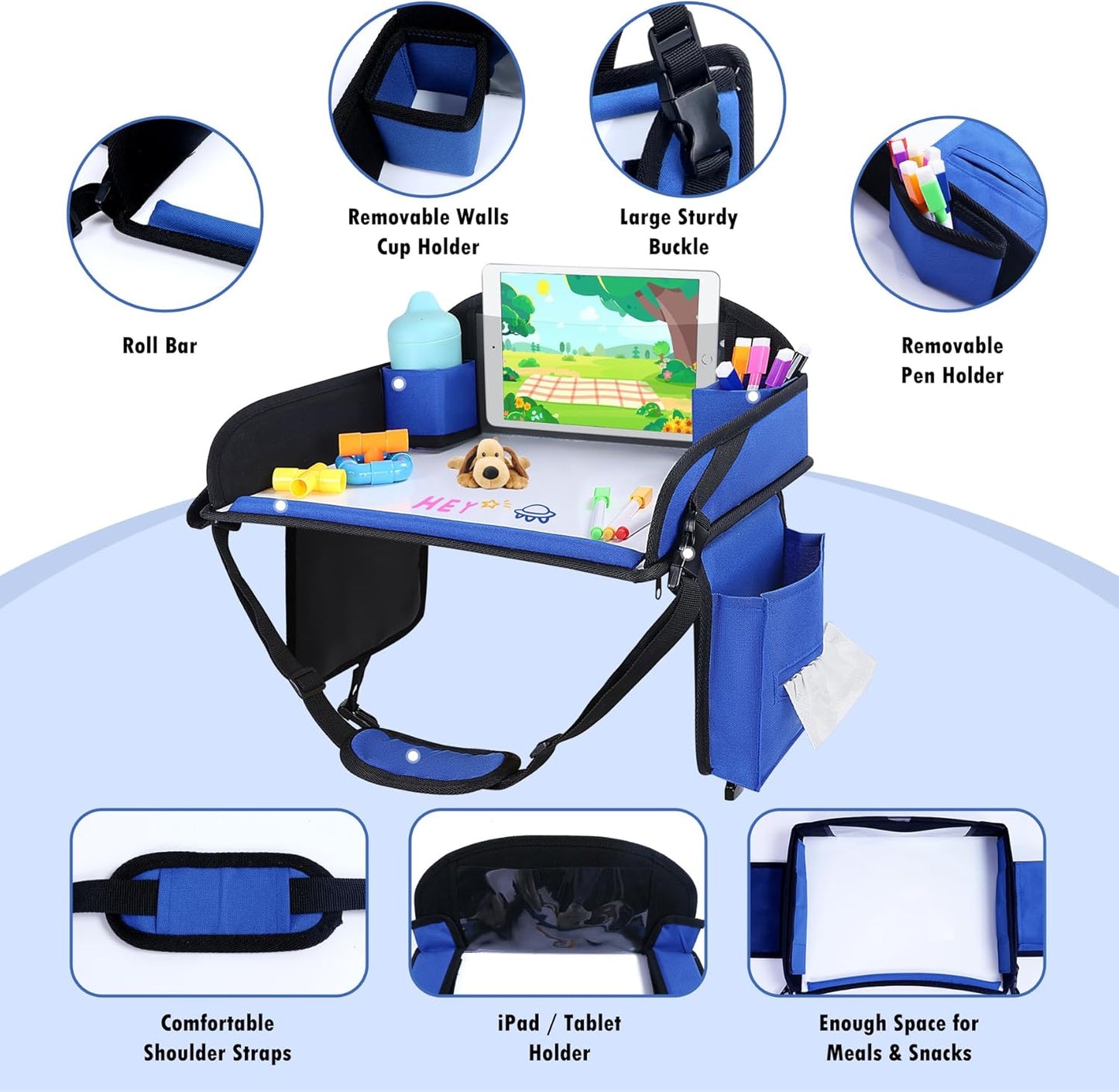 Kids Travel Tray for Airplane - Toddler Car Seat Table Tray, Road Trip Essentials for Boys & Girls, Carseat Lap Desk for Kids Road Trip Activities(Navy Blue)
