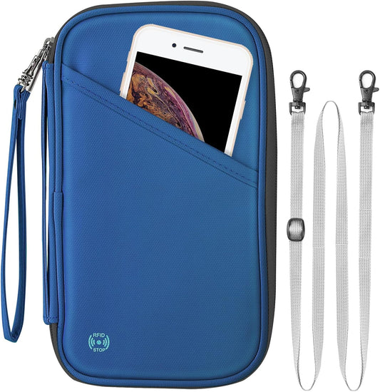 RFID Passport Holder for Family - Large Travel Wallet Holder with Zipper Pocket, Lightweight Portable Document Organizer Passport Card Cover, Blue