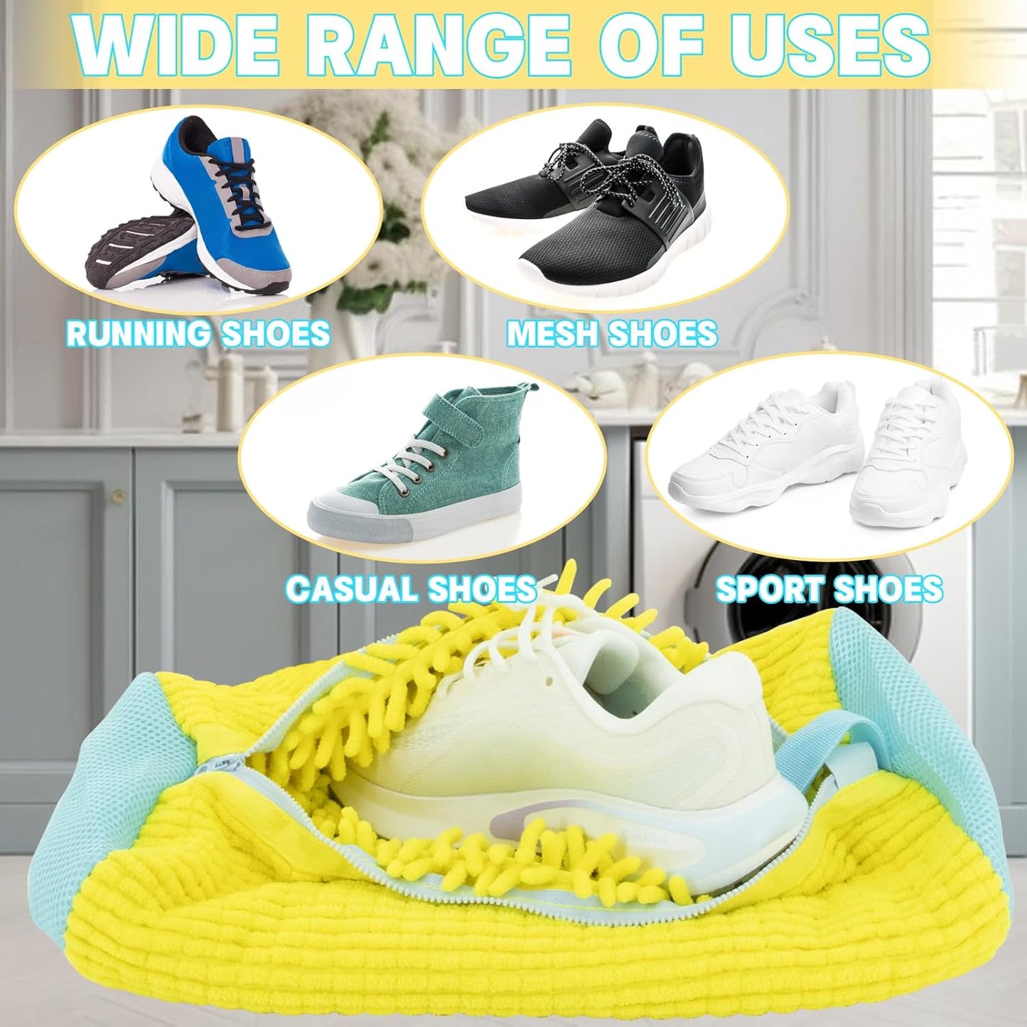 2PCS Shoe Washing Machine Bgs,Laundry Shoe Bags for Washer and Dryer, Reusable and Durable Zipper Sneaker Shoe Washing Bag, Tennis Shoe Cleaning Bag for All Shoe Types (Yellow)