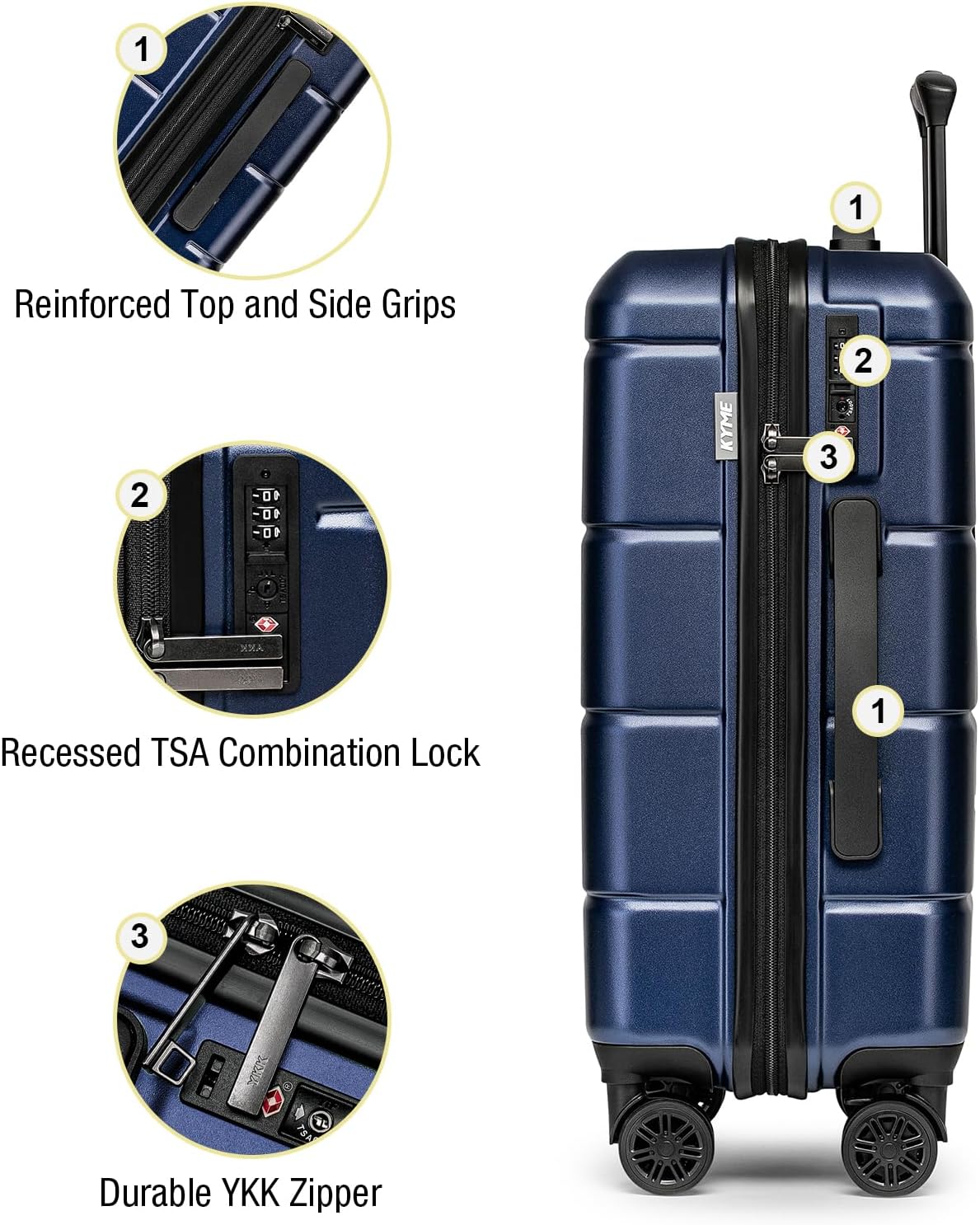 KYME Carry On Luggage 22x14x9 Airline Approved with Cup Holder Hardside Carry On Suitcase with Spinner Wheels TSA Lock Hardshell 22 inch Travel Rolling Luggage for Women Men Navy