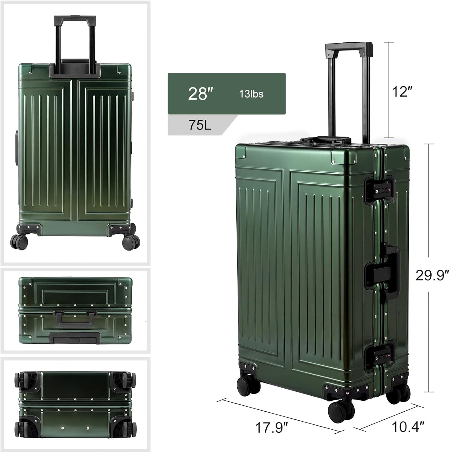 All Aluminum Magnesium Carry On Luggage，Cut from Whole Aluminum Sheet，22x14x9 Airline Approved ，（3rd Generation，Premium Magnesium Metal zipperless suitcase ） (green, 28inch)