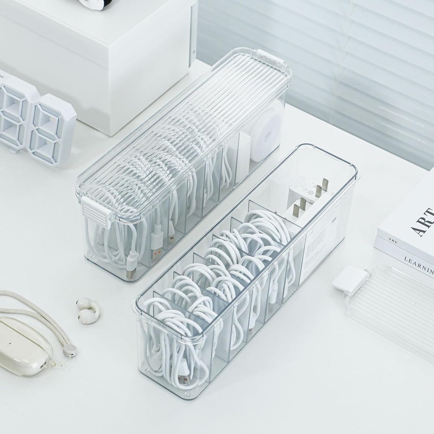 Yesesion 4 Pack Clear Cable Storage Box for Desk Drawer, Plastic Cord Organizer with Lid for Wire Ties, Electronics Accessories, Phone Charger, Art Crafts, Pencils, Marker Pen, Crayons Holder