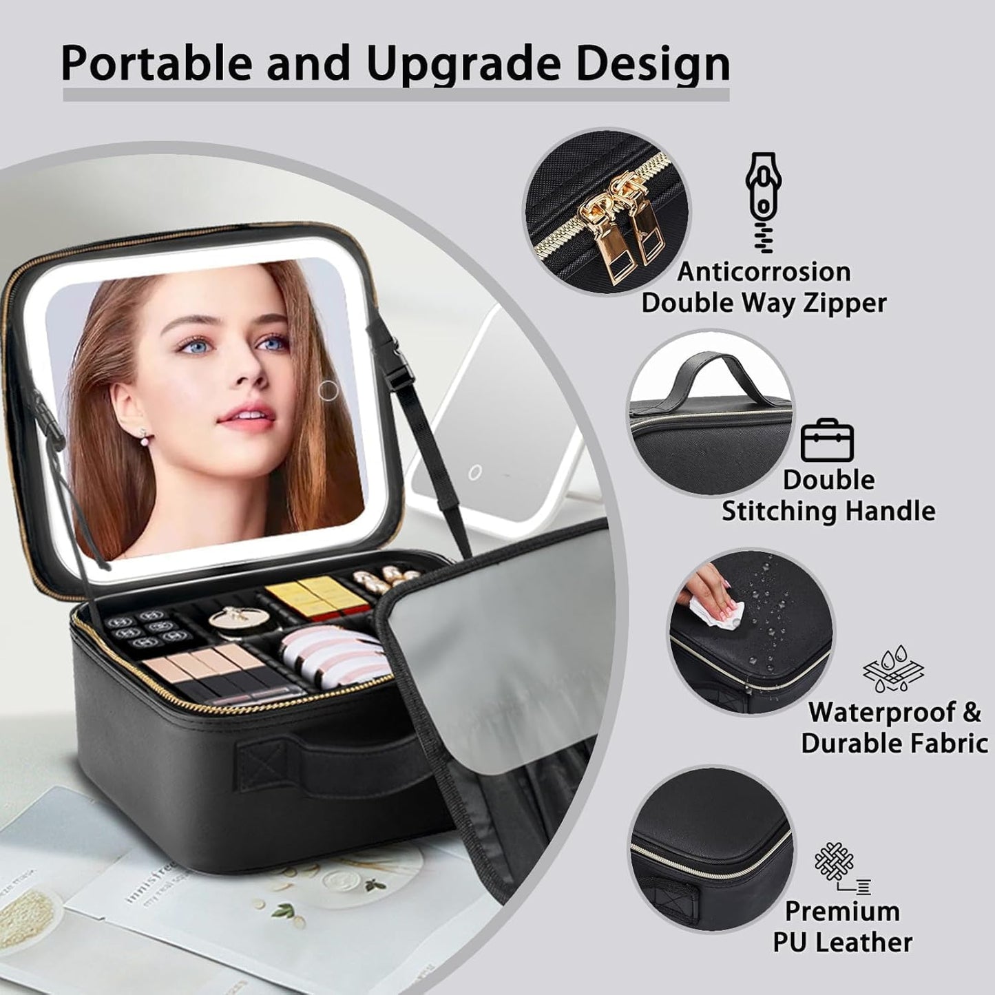 Makeup Bag with Led Mirror,Travel Makeup Organizer with 3 Color Setting & Jewelry storage box, Portable Storage and Adjustable Dividers Travel Makeup Bag(Black)
