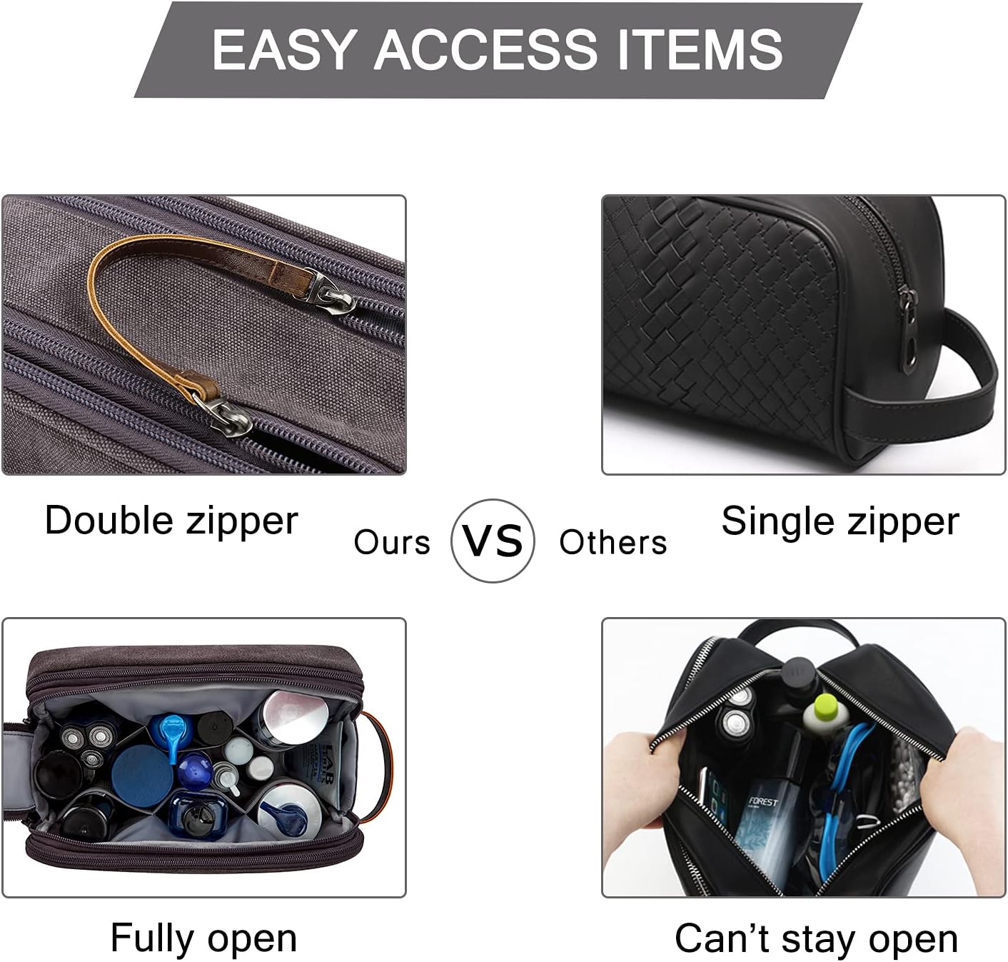 BAGSMART Toiletry Bag for Men, Canvas Travel Toiletry Organizer Dopp Kit Water-resistant Shaving Bag for Toiletries Accessories,Grey-Large