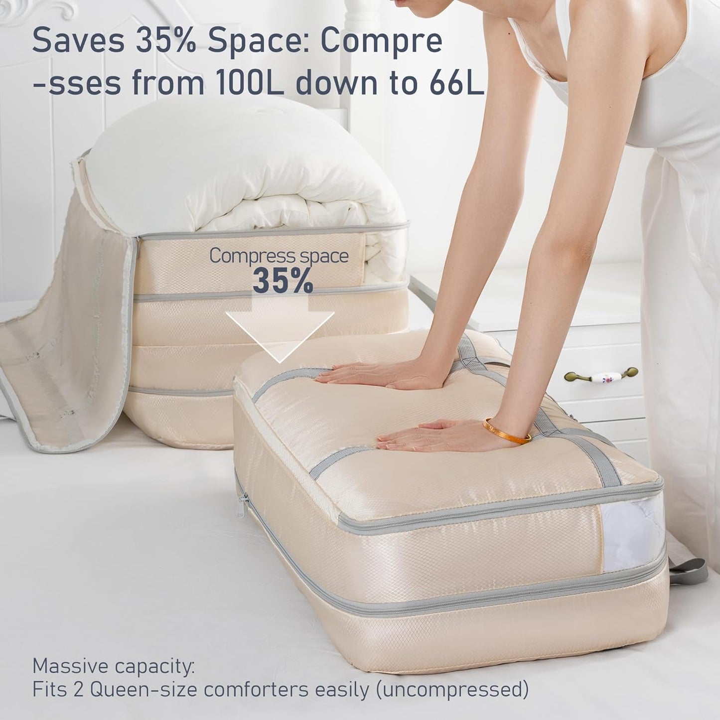 DIMJ Large Comforter Storage Bag with Handls, 100L Washable Blanket Storage, Compression Packing Totes Moving Bags With Zipper, Space Saving Containers For Pillow, Clothes, Bedding, 2 PCS