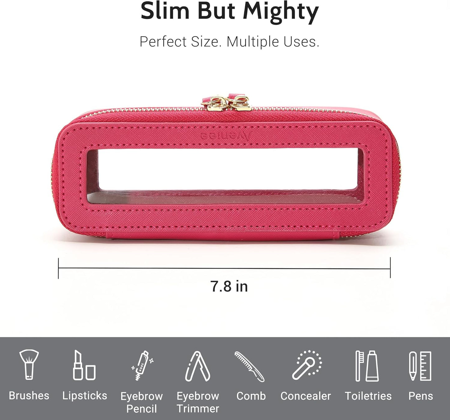 Aveniee Clear Makeup Brush Bag, Slim Brush Holder Cosmetic Case, Small Travel Toiletry Bag for Women, Thin Make up Bags with Dual Zipper, Cute Travel Essentials Srorage Bag,Hotpink