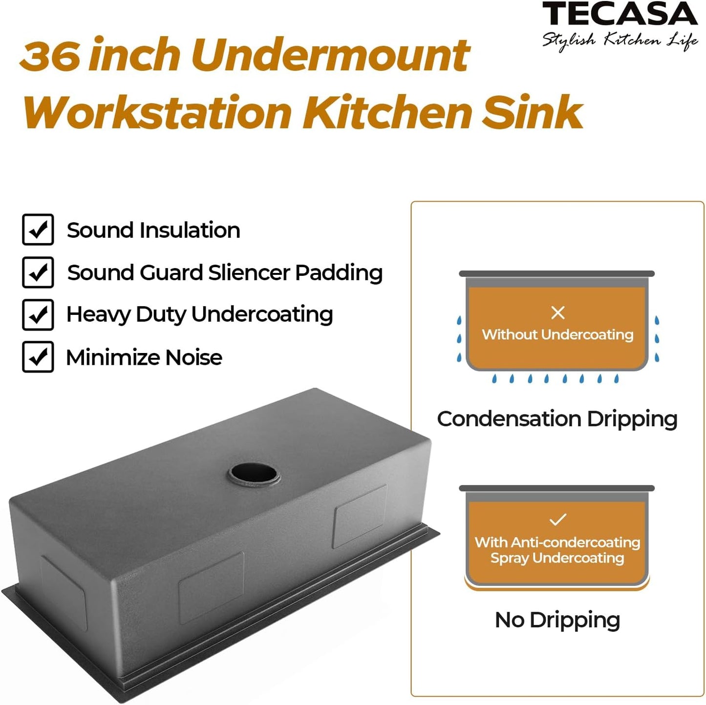 36 Inch Workstation Kitchen Sink, TECASA Undermount Deep Single Bowl, 16 Gauge Stainless Steel with Integrated Ledge and Accessories, World-Class Manufacturing Standard (18" x 36" x 10")