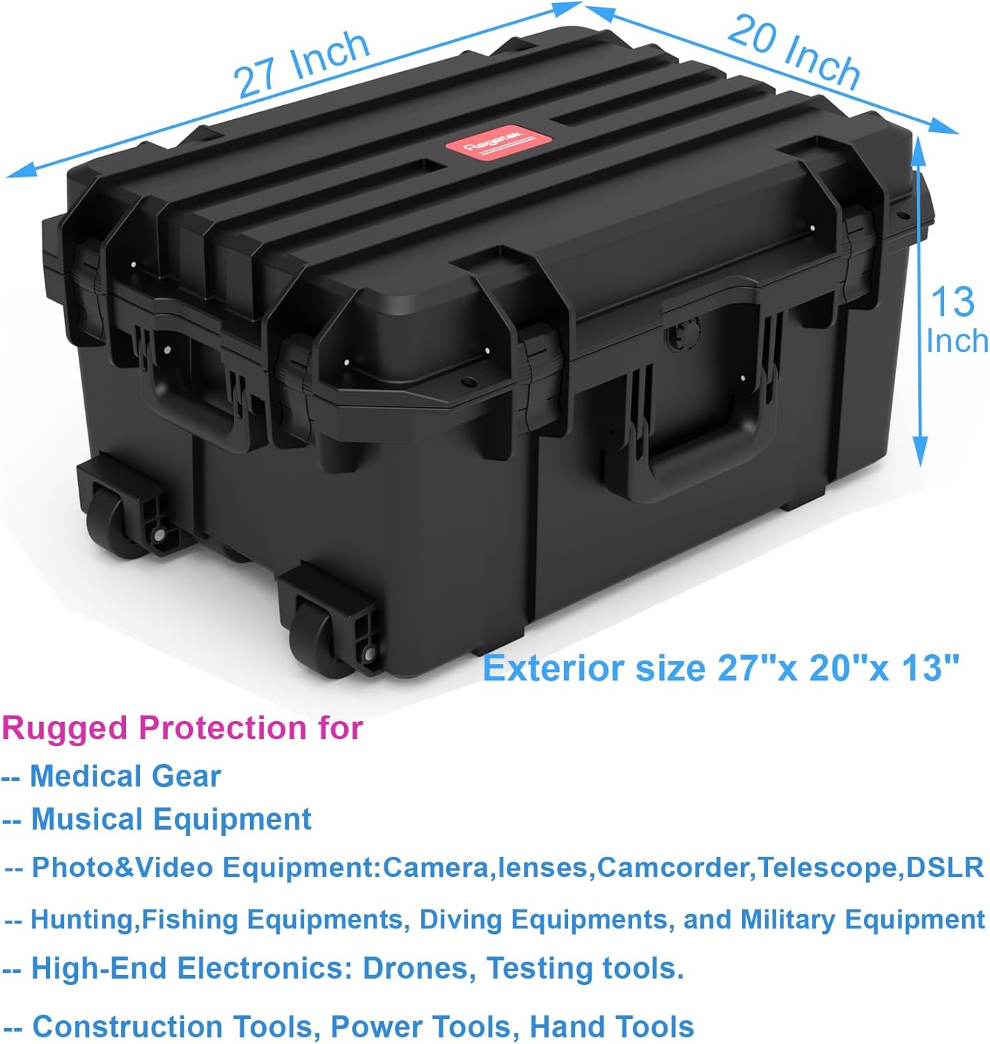 Waterproof Hard Case,27 x 20 x 13 Inch, Equipment Rolling Hard Case with Foam/Wheels/Retractable Handle for camera, Drone,tool, electronics,Shockproof, TSA Friendly, Inner 21.6"X 14.6"X10.2"