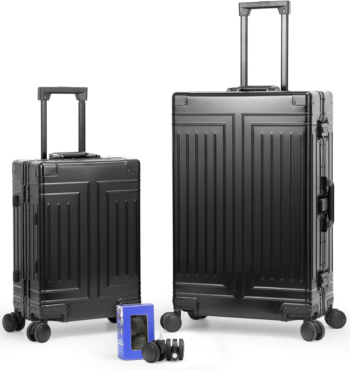 All Aluminum Magnesium 20/28 Luggage set ，Cut from Whole Aluminum Sheet，22x14x9 Airline Approved ，（3rd Generation，Premium Magnesium Metal zipperless suitcase ） (black, 20+28inch)
