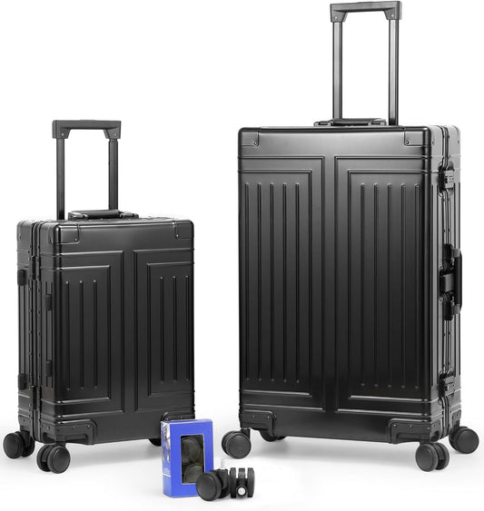 All Aluminum Magnesium 20/28 Luggage set ，Cut from Whole Aluminum Sheet，22x14x9 Airline Approved ，（3rd Generation，Premium Magnesium Metal zipperless suitcase ） (black, 20+28inch)