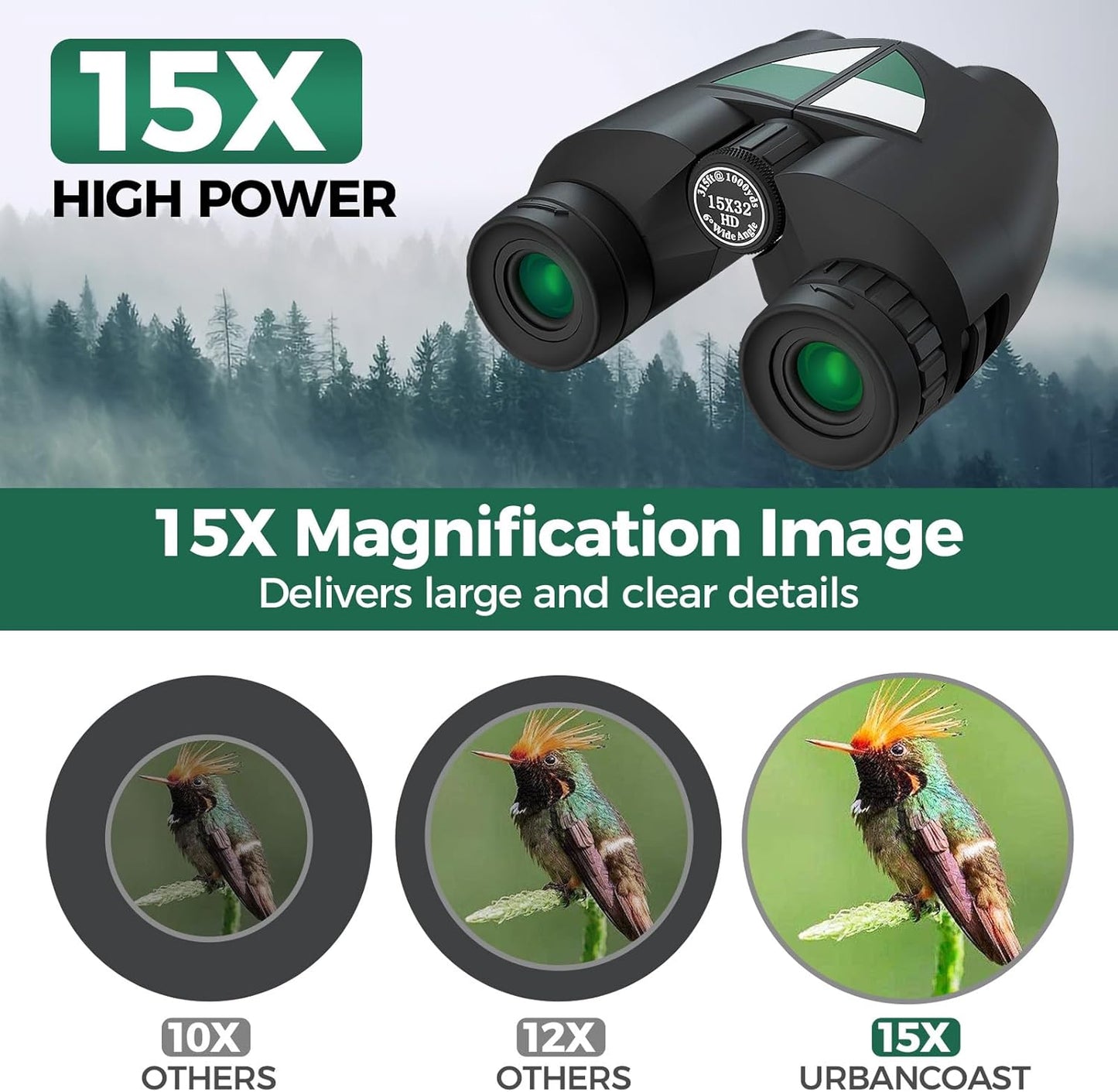 15x32 Compact Binoculars for Adults and Kids, High Power Lightweight Small Binoculars with Phone Adapter for Concert Cruise Ship Hiking Bird Watching Travel Safari Viewing Football Sports