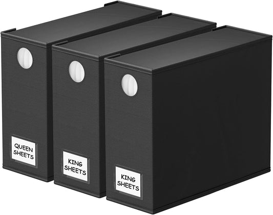 SpaceAid 3 Pack Bed Sheet Organizers and Storage, Foldable Organizer for Linen Closet, Set Folder Keeper With Window XL (Queen & King Size) Bedding Container (Black)