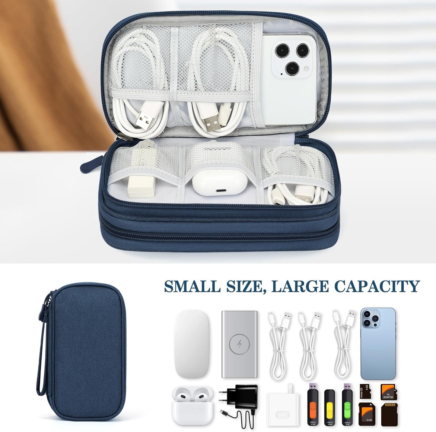 FYY Electronic Organizer, Travel Cable Organizer Bag Pouch Accessories Carry Case Portable Waterproof Double Layers All-in-One Storage for Cable, Cord, Charger, Phone, Earphone Navy