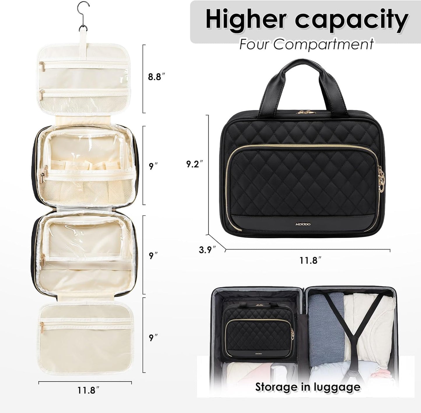 Travel Toiletry Bag Hanging Toiletry Bag for Women Water-resistant Cosmetic Makeup Bag for Full Sized Travel Essentials Must Have (Black)