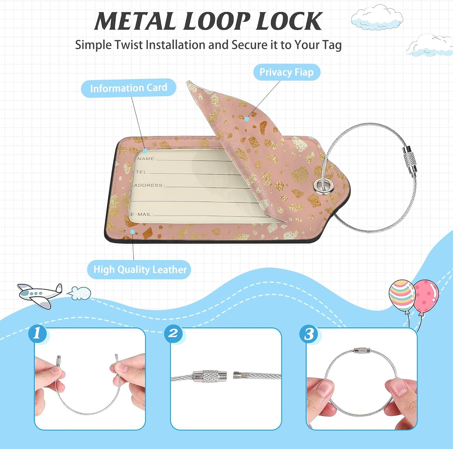 3 Pack Luggage Tag for Suitcase,Glitter Rose Gold Leather Luggage Tags with Privacy Cover Name ID Label Identifiers Travel Bag Tags for Women Men Boys Girls