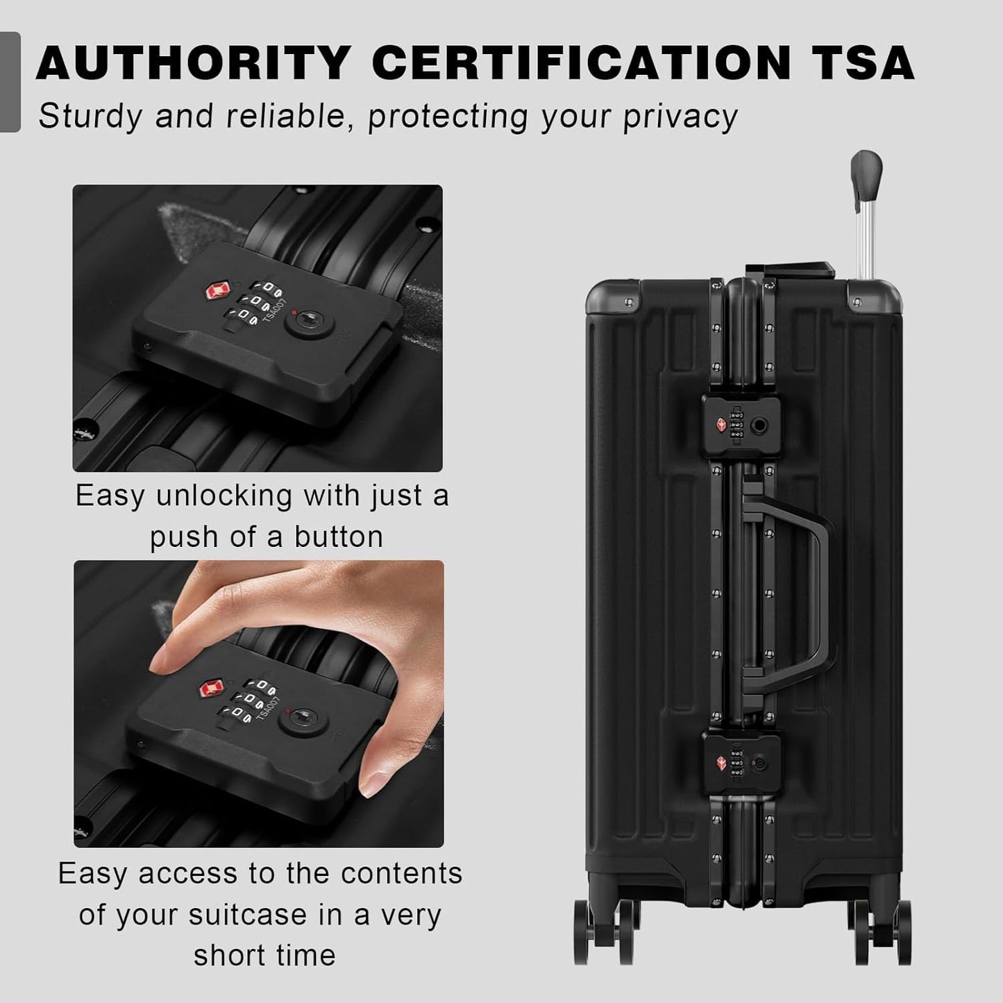 AnyZip Luggage Sets 2 Piece Aluminum Frame Carry On and Checked Suitcase PC ABS Hard Shell TSA Lock No Zipper(Black, 20/28)